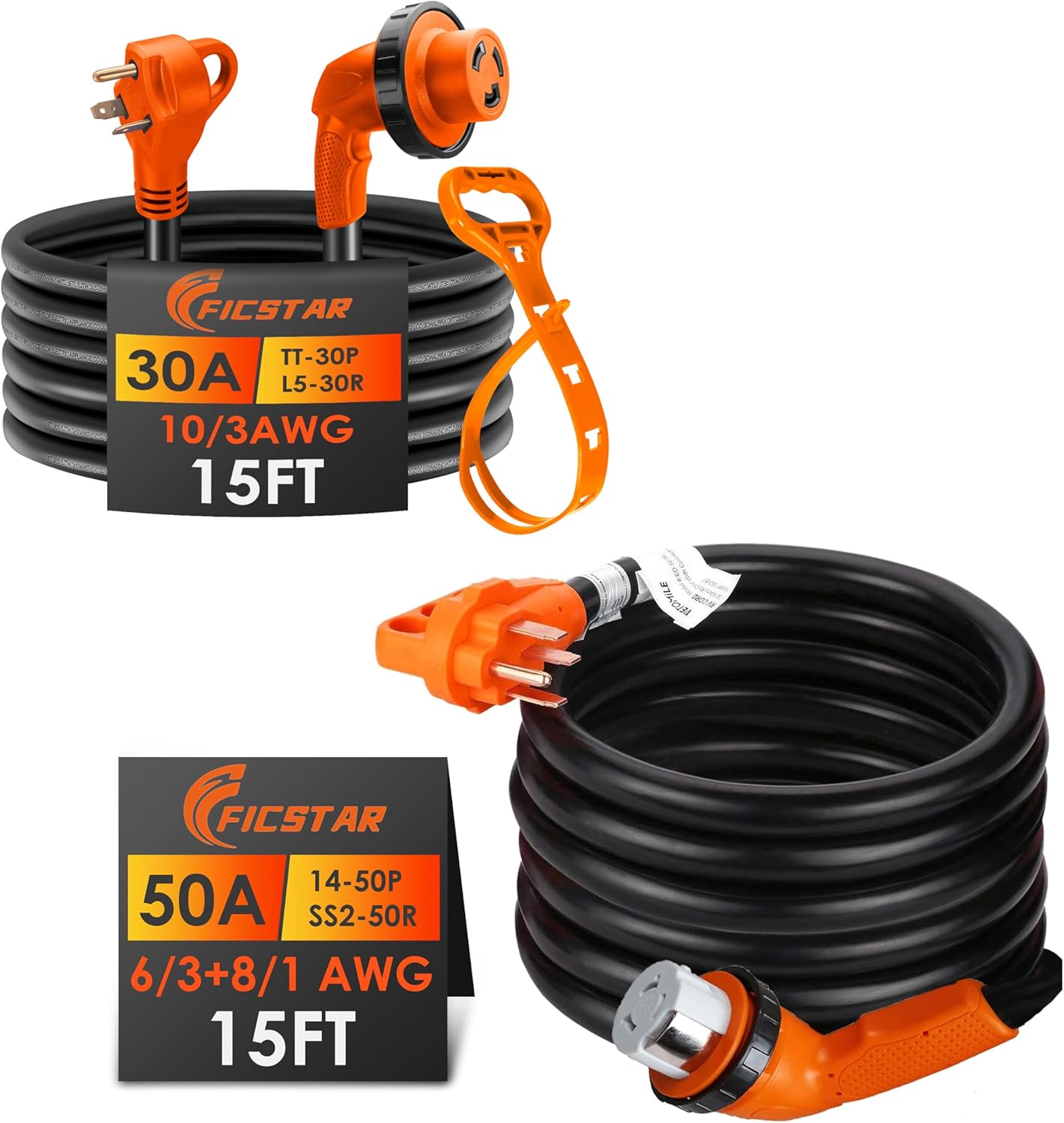 30/50 Amp RV Extension Cord 15 ft，Heavy Duty 6/3+8/1 SJTW AWG RV Power Cord with Grip Handle Twist Lock