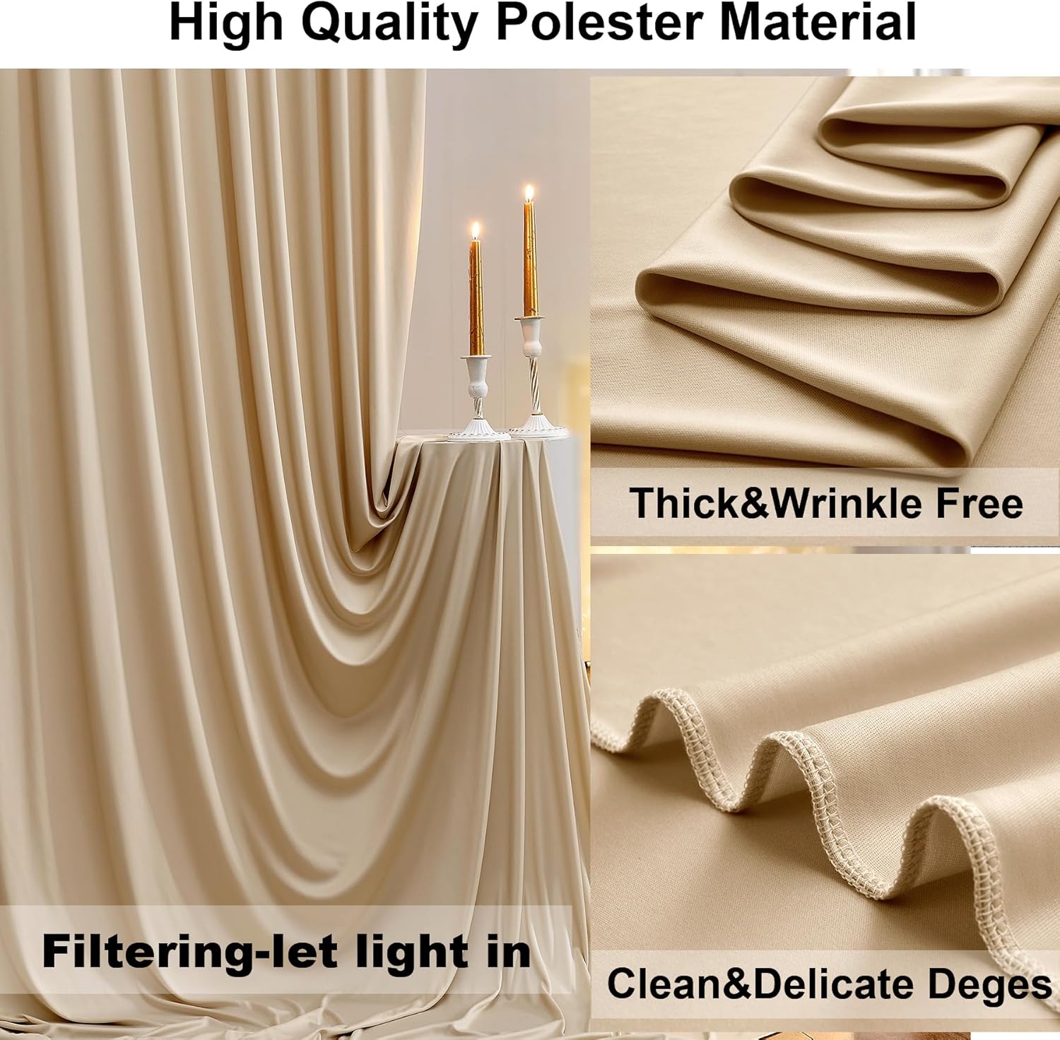 30ft x 10ft Wrinkle Free Beige Backdrop Curtains for Parties Weddings, 6 Panels 5×10ft Soft Silk Polyester Photo Backdrop Drapes for Birthday Baby Shower Baptism Photo Photography Background Cloth
