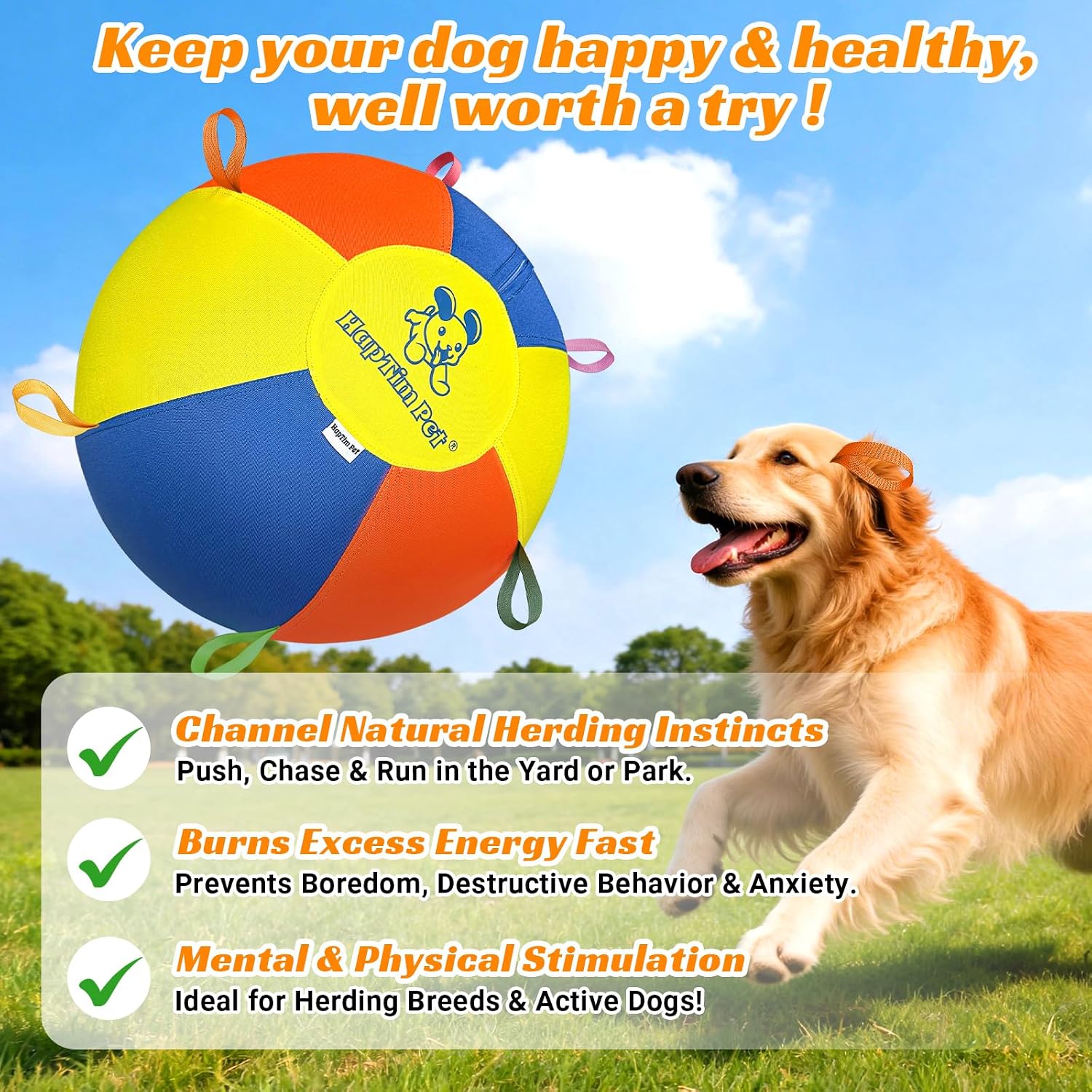 Hap Tim Upgraded Heavy Duty 22" Herding Ball for Dogs Thickened Bladder | Ultra-durable cover, 6 Strong Ball Tabs, Double-layered reinforced nylon stitching, Quick-inflation interactive training ball
