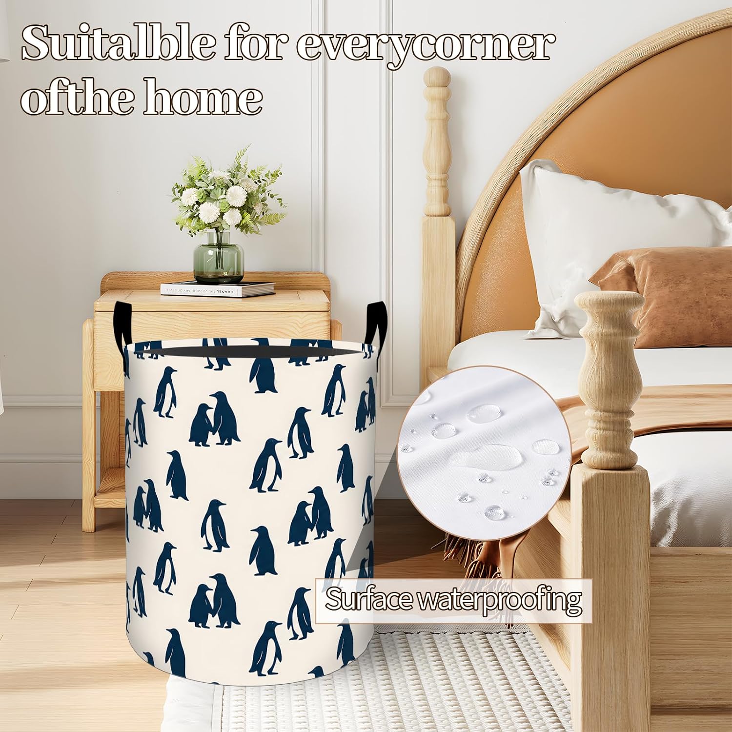 Playful Penguin Laundry Basket, Minimal Modern Illustration Collapsible Oxford Cloth Clothes Hamper 19.7"x15.7", Cheerful Animal Waterproof Storage Bin for Bedroom Bathroom Closet Decor Gifts