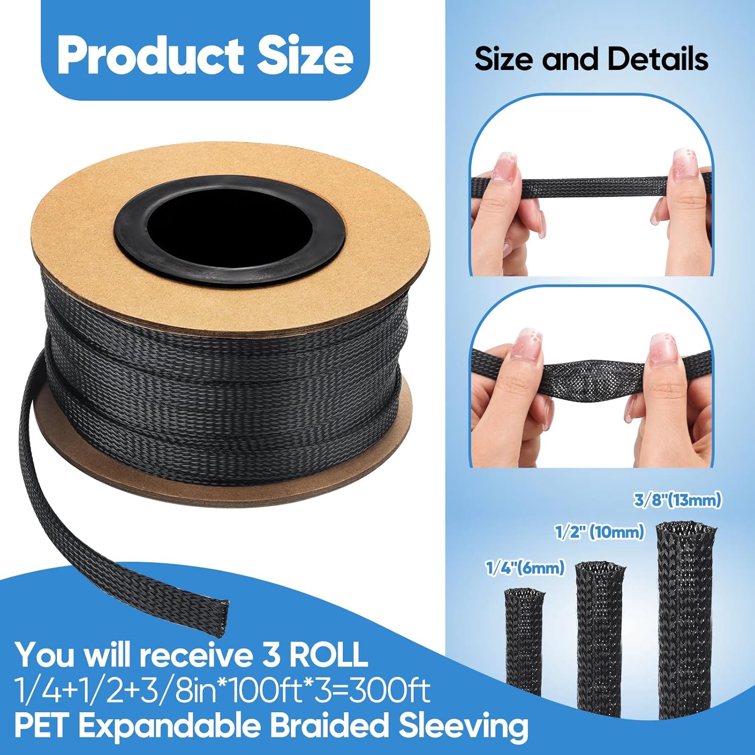 300 Feet 1/4, 1/2, 3/8 Inches Braided Wire Loom PET Cable Loom Expandable Sleeving Braided Sleeve for TV, Computer, Home Theater