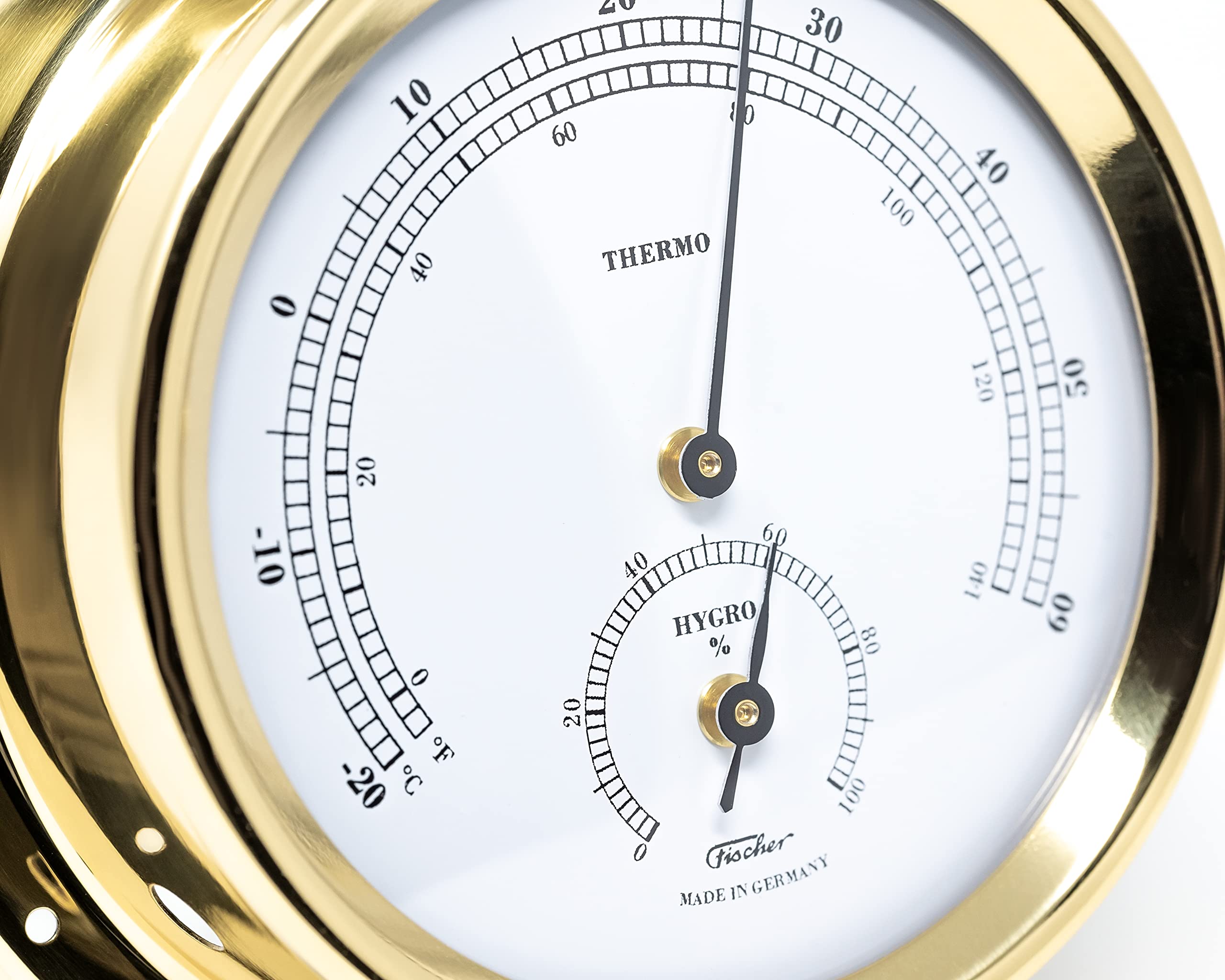 Fischer Thermo-Hygrometer, latón, 125 x 100 mm | Higrómetro y termómetro con carcasa de latón, 125 mm de diámetro, fabricado en Alemania
