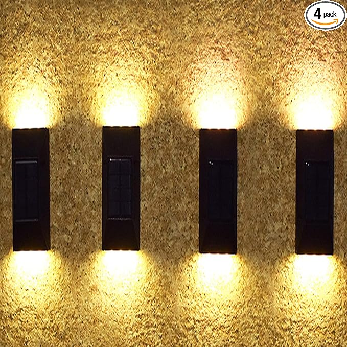 Solar Wall and Fence Post Lights - Decorative Waterproof LED Garden Lights for Outdoor, Deck, Front Door, Stairs, Yard - 4 Pack (Warm White)