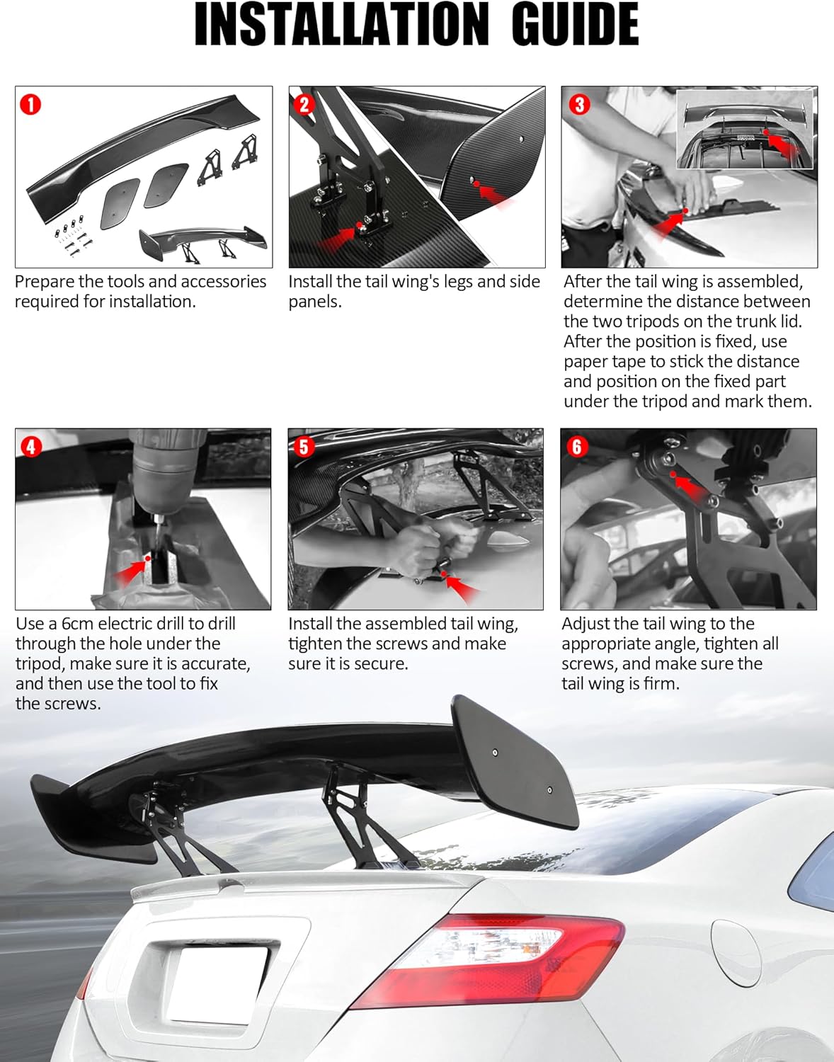 IKON MOTORSPORTS, Universal 57 Inch GT Trunk Spoiler, Compatible with Honda Civic Accord Vehicle, Adjustable High Stand Black Rear Wing Tail Lid Finnisher Deck Lip