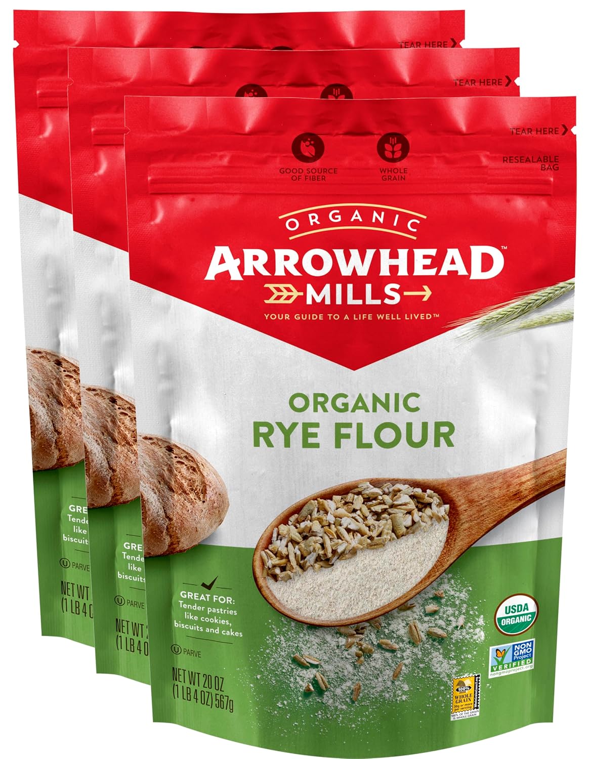Arrowhead Mills Organic Rye Flour, 20 oz - Palatize Pack of 3