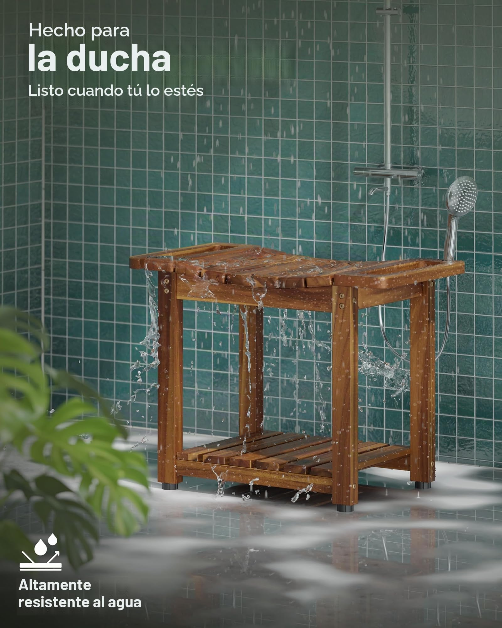 BLUEWEST Banco de Ducha con Estante de Almacenamiento, Bancos de Ducha de Madera Natural para Sentarse en el Interior, Taburete de SPA Impermeable para afeitarse Las piernas con Mango Integrado y