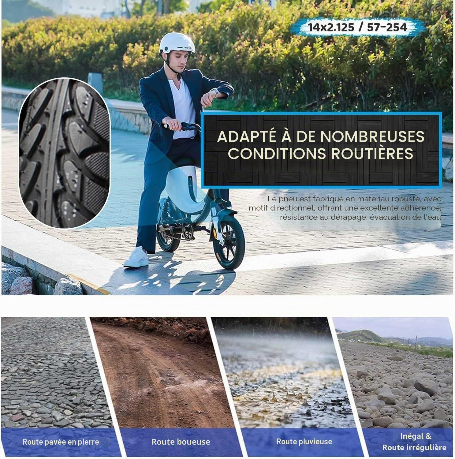 Pneu amélioré 14 x 2,125 pneu de vélo électrique sans tube | 14x2.125 Pneu Tubeless pour vélo électrique 14x2.125/57-254 Pneu de vélo électrique pliant (A regular)
