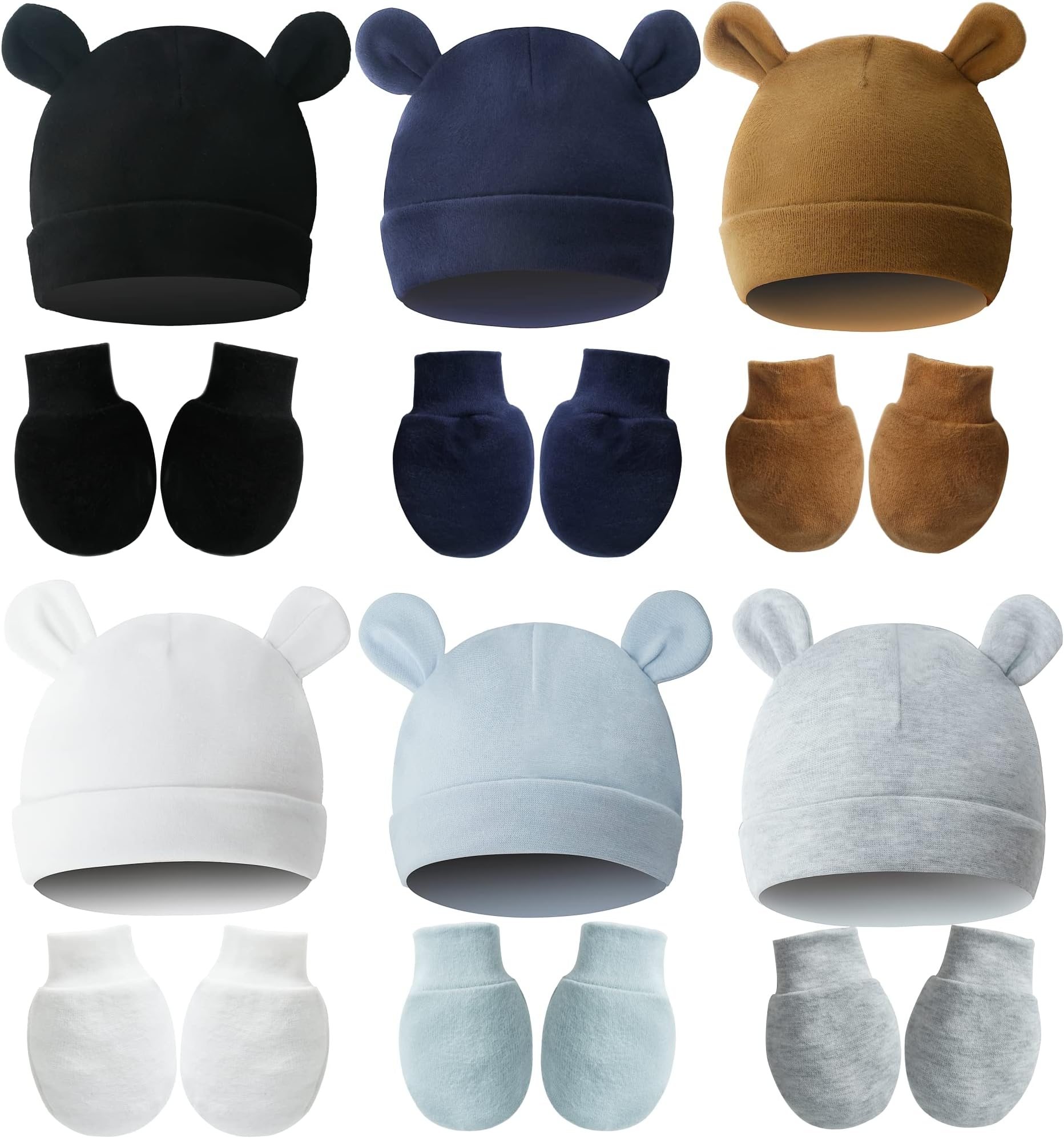 Newborn Baby Hat and Mittens Set, Newborn Hospital Hat/Beanies with Knot/Ear & No Scratch Mittens for 0-6 Months Boy/Girl