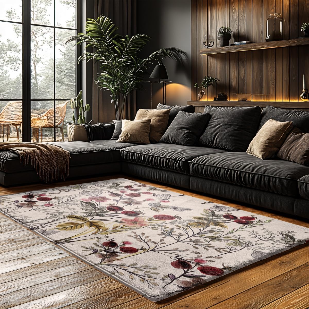 boho floral area rug 5x7 floral washable living room vintage red fruit flower carpet non slip low pile faux wool indoor accent lightweight soft throw rug for bedroom nursery farmhouse, multicolor red colorul 5' x 7' (rectangular)