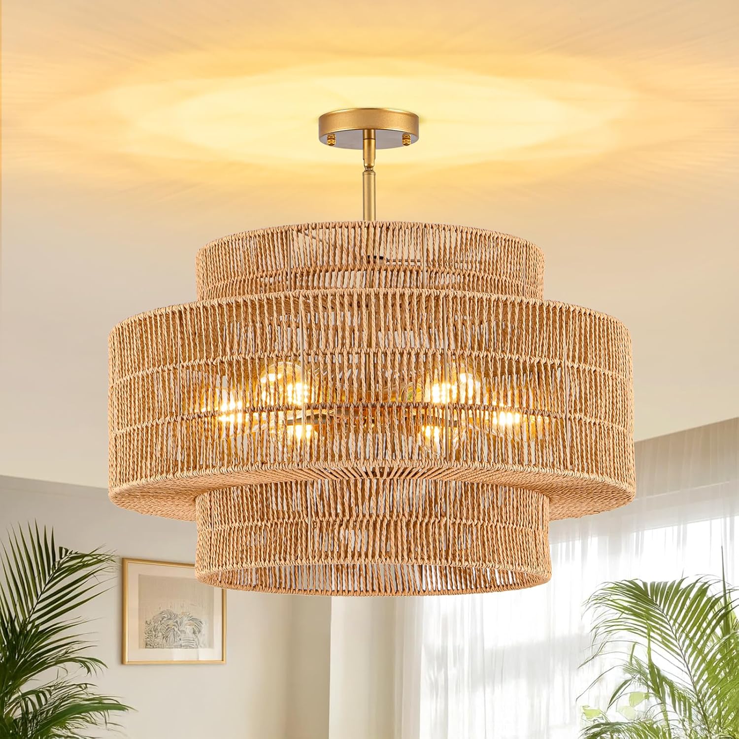 23.6" Rattan Light Fixtures Ceiling Mount, 6-Light Boho Flush Mount Ceiling Light with 3-Tier Hand-Woven Drum Shade, Rustic Rattan Chandelier for Dining Room Living Room Kitchen Island Farmhouse Foyer