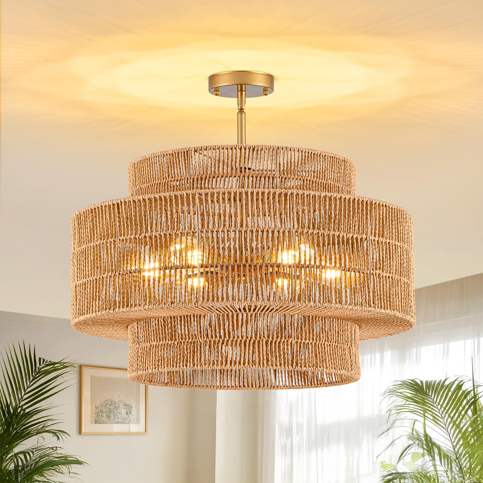 Photo 1 of 23.6" Rattan Light Fixtures Ceiling Mount, 6-Light Boho Flush Mount Ceiling Light with 3-Tier Hand-Woven Drum Shade, Rustic Rattan Chandelier for Dining Room Living Room Kitchen Island Farmhouse Foyer