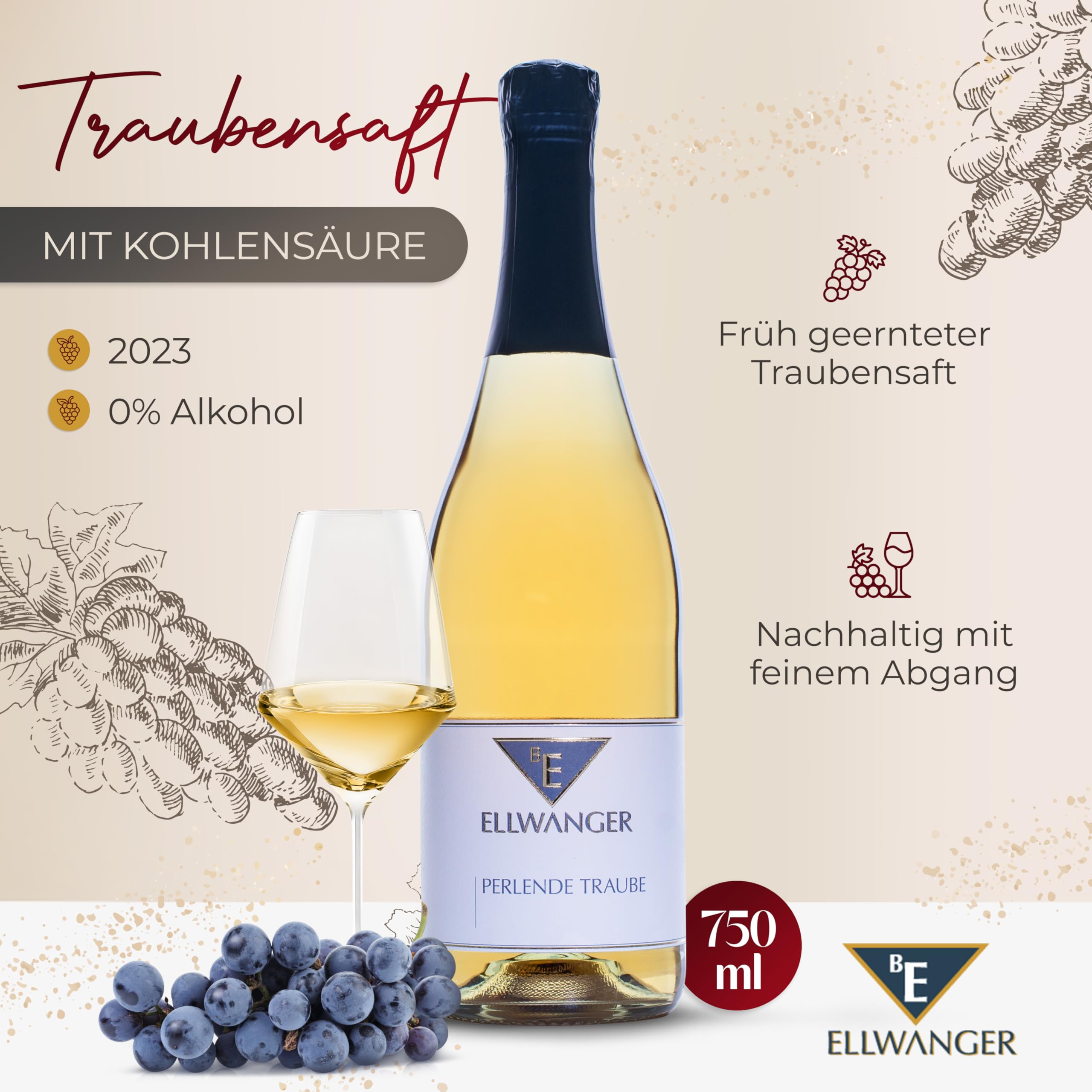 2024er Perlende Traube – Spritziger alkoholfreier Sekt alternative mit frischem Traubensaft und feiner Kohlensäure - Genieße den Geschmack von Trauben ohne Alkohol (6x 0,75 L, 4500, milliliter)