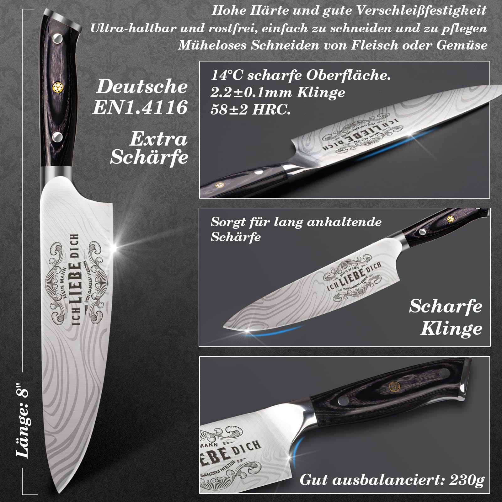 Funistree Küchenmesser Scharf Jahrestag Geschenk für Ihn - 34 Cm Kochmesser Profi Messer, Geschenke für Männer Partner, Ich Liebe Dich Geburtstagsgeschenk für Ehemann, Ergonomisch Chef Fleischmesser