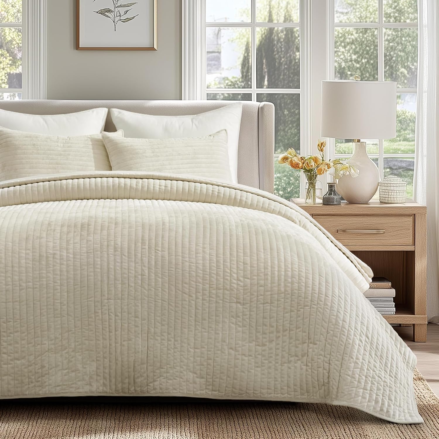 EVERGRACE Velvet Quilt Set King Size, Luxurious Soft Striped Channel Bedding Set, Lightweight Velvet Comforter for All Season, Oversized Bedspread Coverlet with 2 Matching Shams, Beige
