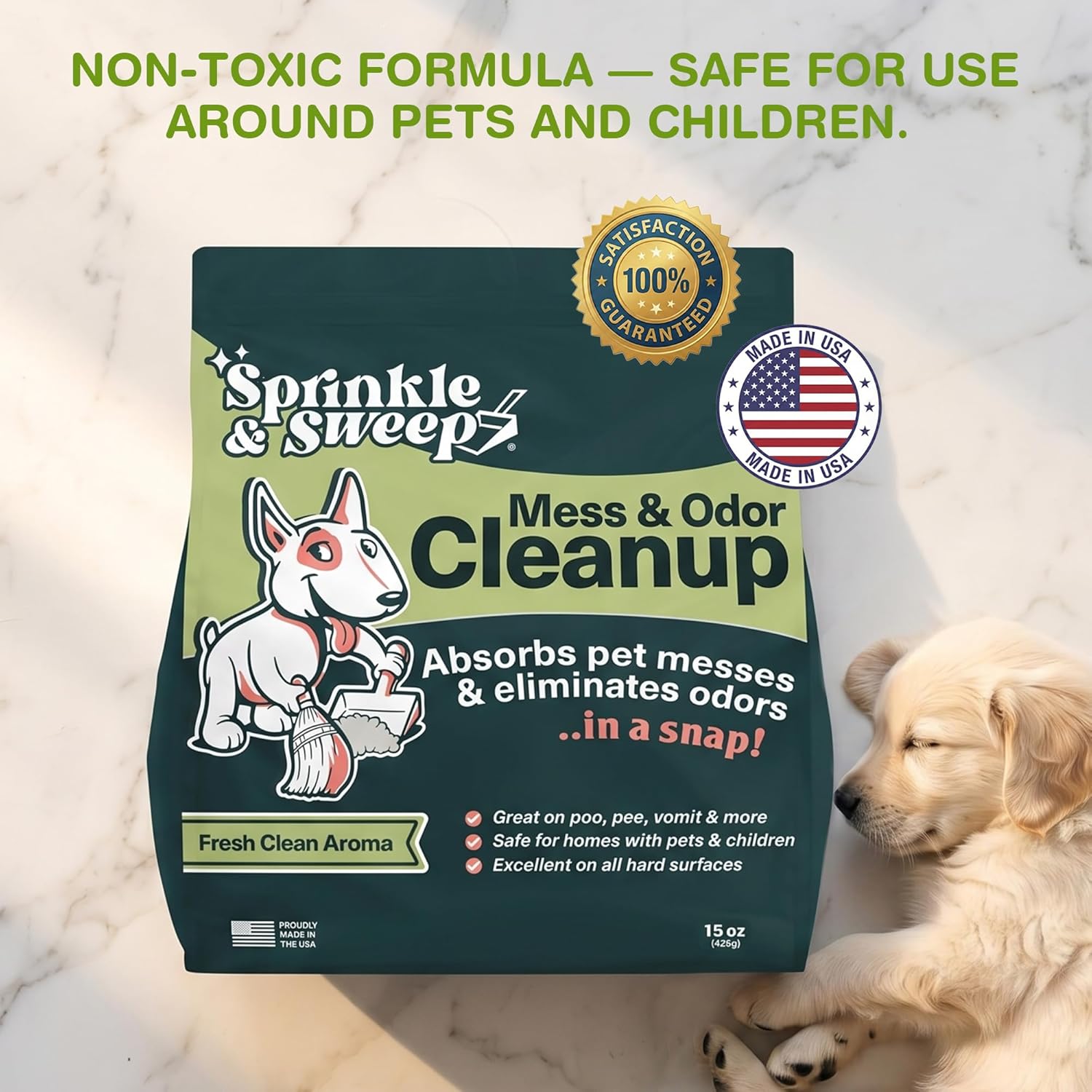 Sprinkle & Sweep: Pet Mess & Odor Cleanup Duo - 15oz Bag & Dustpan Broom - Dog Accident Clumping Powder, Remove Urine-Poop-Vomit from Hard Services