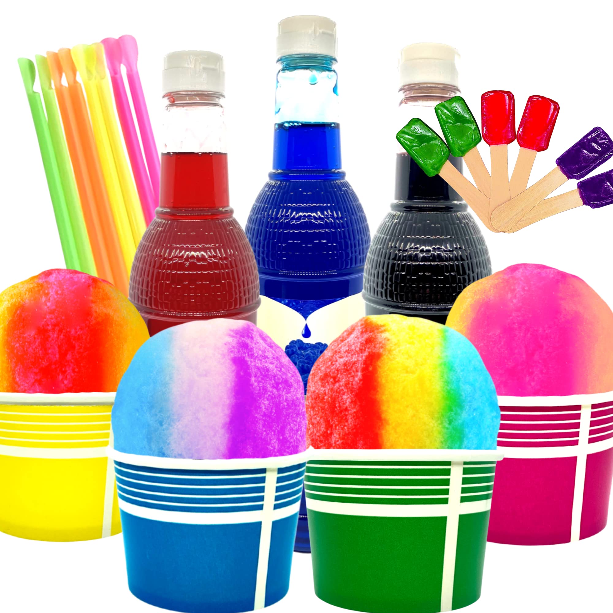 Concession Essentials Kit de conos de nieve de 96 onzas, kit de conos de nieve multicolor de 140 piezas, incluye (3) botellas de jarabe de 32 onzas, 40 tazas (12 onzas), 50 cucharas de caramelo y 50