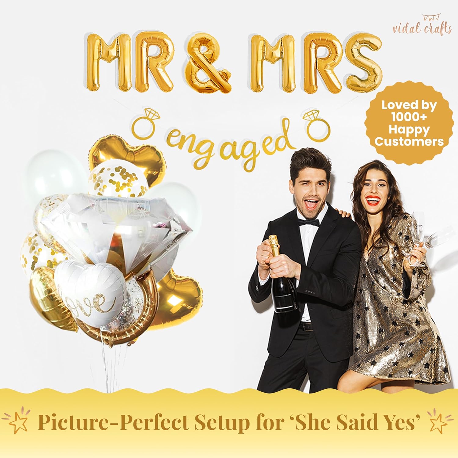 VIDAL CRAFTS Gold Engagement Party Decorations - White & Gold Decor with Engaged Banner, Mr and Mrs Balloons, Latex Heart Confetti Balloons, Engagement Ring Balloon - Image 3