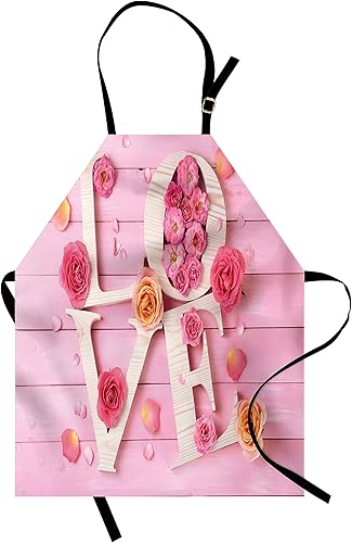 Lunarable Delantal rosa pálido, letras de amor de madera sobre fondo de madera rústica, temática floral romántica de San Valentín, babero de cocina