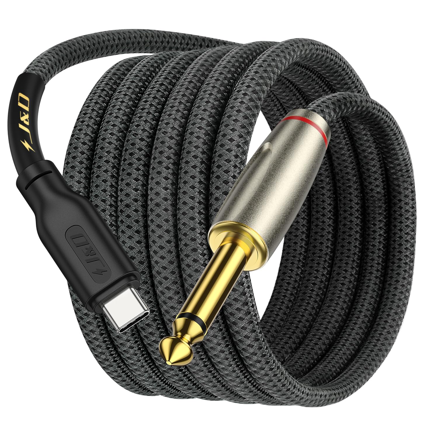 J&D USB Type C to 6.35mm 1/4 inch TS Male Audio Mono Interconnect Aux Adapter Cable Compatible with iPhone 15/16 Series Gold Plated Braided Audio Cable, 6.6 Feet