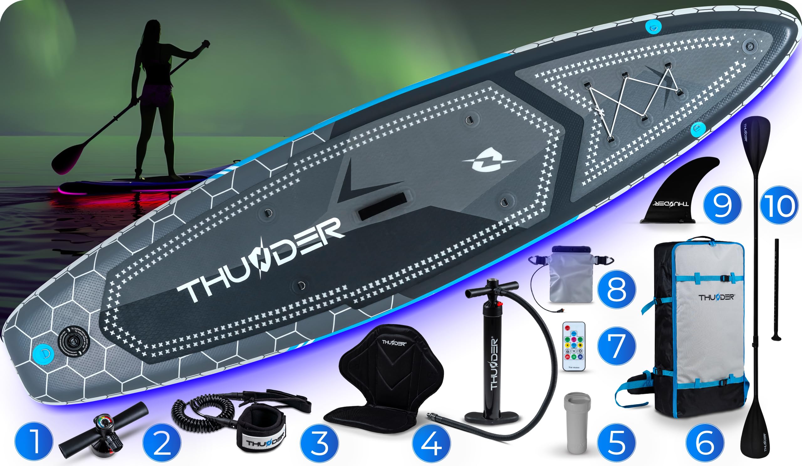 THUNDER Pro LED Sup Board 320 cm con sedile Kayak – Stand Up Paddle Board Gonfiabile con Illuminazione RGB LED, Pompa, Paddle & Zaino – Set Sup fino a 150 kg