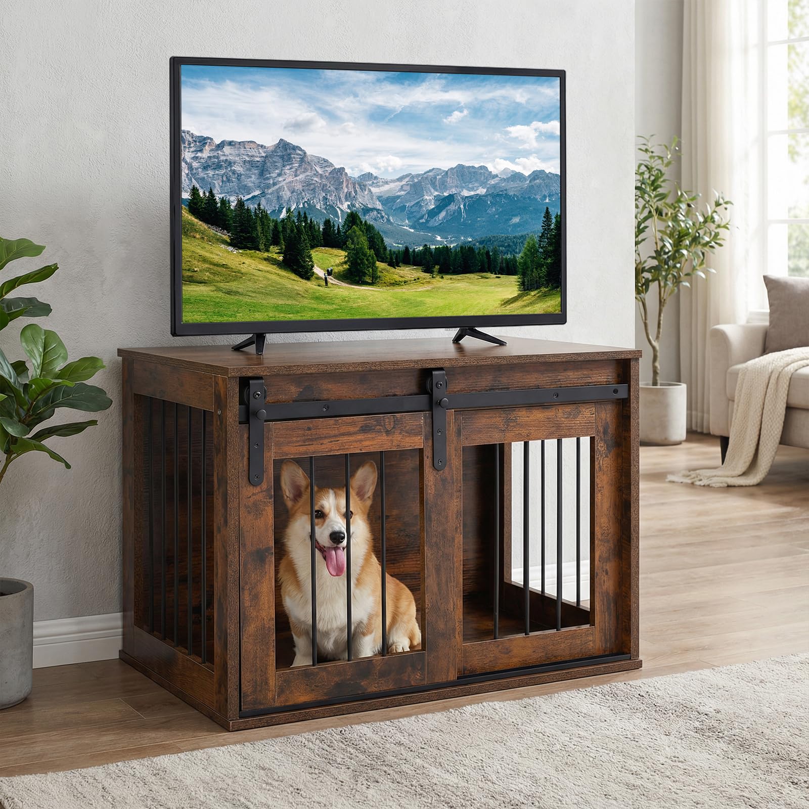 COSTWAY Jaula para Perros, Mueble para Perros con Puerta Corrediza, Mesa Lateral Decorativa, Estructura Metálica, Mueble Jaula de Madera para Mascotas Pequeñas y Medianas, 80 x 54 x 57 cm (Marrón)