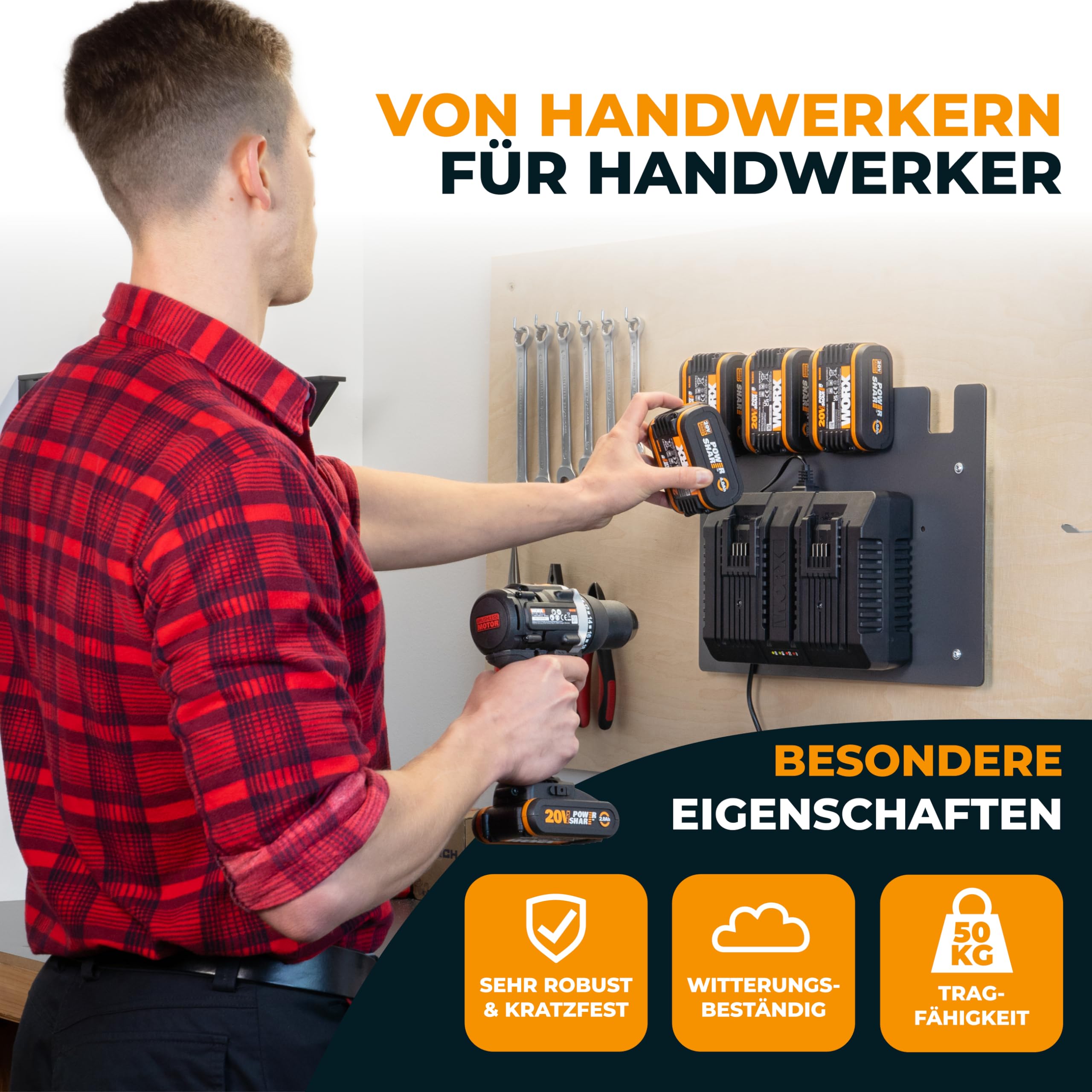 Wandfest® Wandhalterung für Worx Akkus und Ladegeräte - Das Original [Made in Austria] Worx Akku Halterung für 4 Akkus - Jetzt mehr Ordnung in Werkstatt und Garage