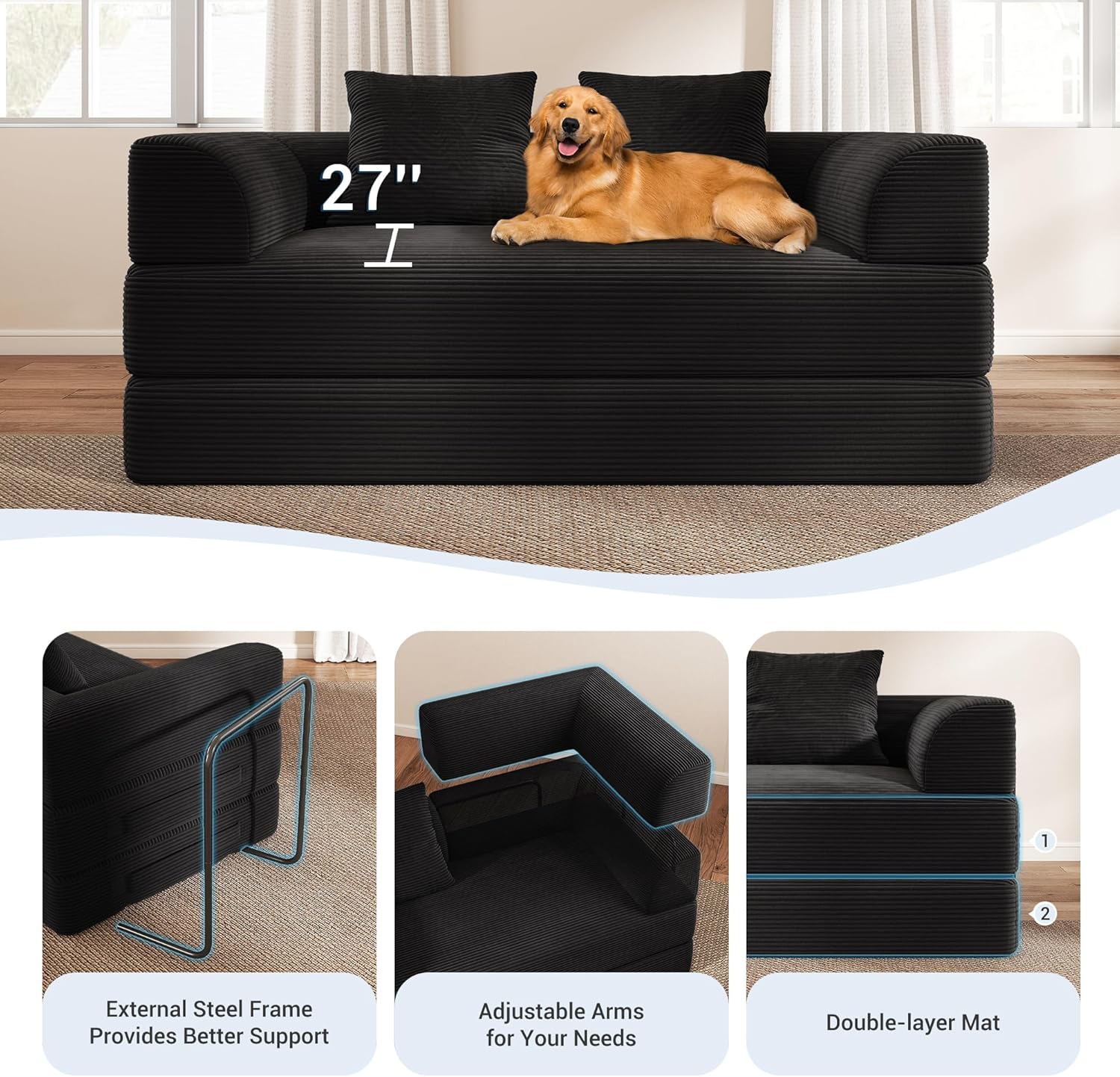 Cloud Boneless Convertible Sofa Bed, 4-in-1 Foldable Compressed High-Density Sponge Sofa, 70" Corduroy Fabric 3 Seater Sleeper Couch Futon Daybed for Living Room Bedroom (Black) thumbnail