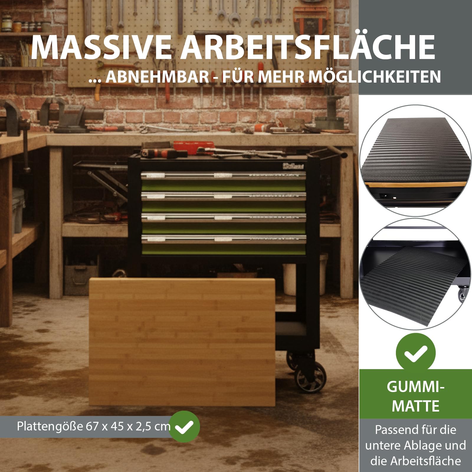 TRUTZHOLM Werkstattwagen Profi Compact unbestückt Breite gesamt inkl. klappbaren Seitenablage 97 cm Massive Holzplatte mit 4 Schubladen, Stauraum Lochwand 4 Rollen Montagewagen Werkzeugwagen