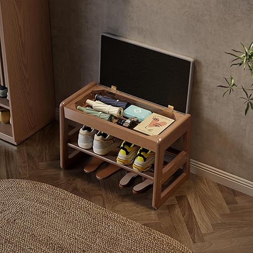 Miniatura 2 de AQIMUELE Banco pequeño para zapatos, banco de zapatos de 2 niveles con almacenamiento con tapa abatible, zapatero de madera para entrada, pasillo
