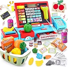 KIMIGO Cash Register Toys for Children,Toy Box Register Box,Electronic Registrar with Scanner,Microphone,Food Toys,Supermarket Store Gift for Girls Boys 3+ Years