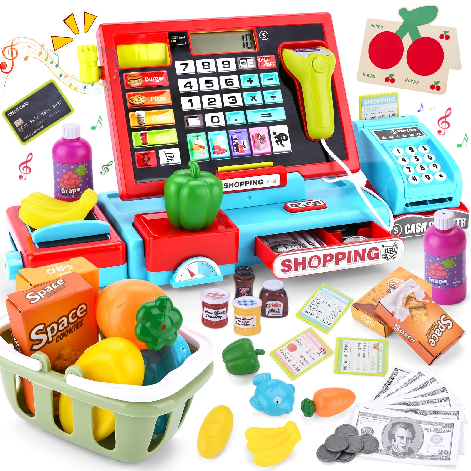 Jouet Caisse Enregistreuse pour Enfants,Caisse Enregistreuse Jouet,Caisse Enregistreuse Enfants,Accessoires avec Scanner Son et Lumière,Jouets Alimentaires,Jeu de Rôle pour Enfant de 3+Ans