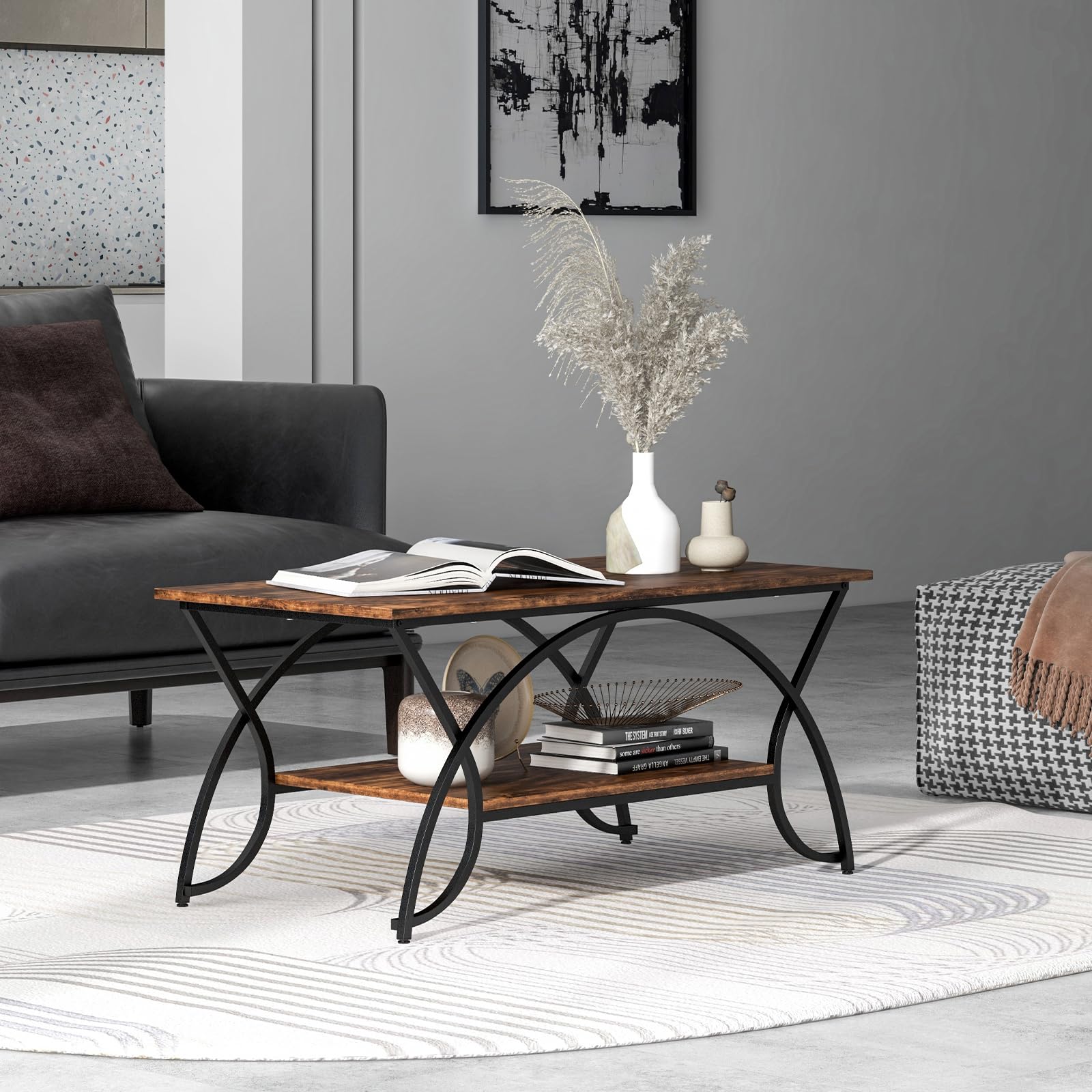 COSTWAY Tavolino da Caffè da Salotto, Tavolino Rettangolare a 2 Livelli con Struttura in Metallo, Tavolino Elegante e Moderno per Studio, Ufficio e Soggiorno, 100 x 50 x 45 cm (marrone e nero)