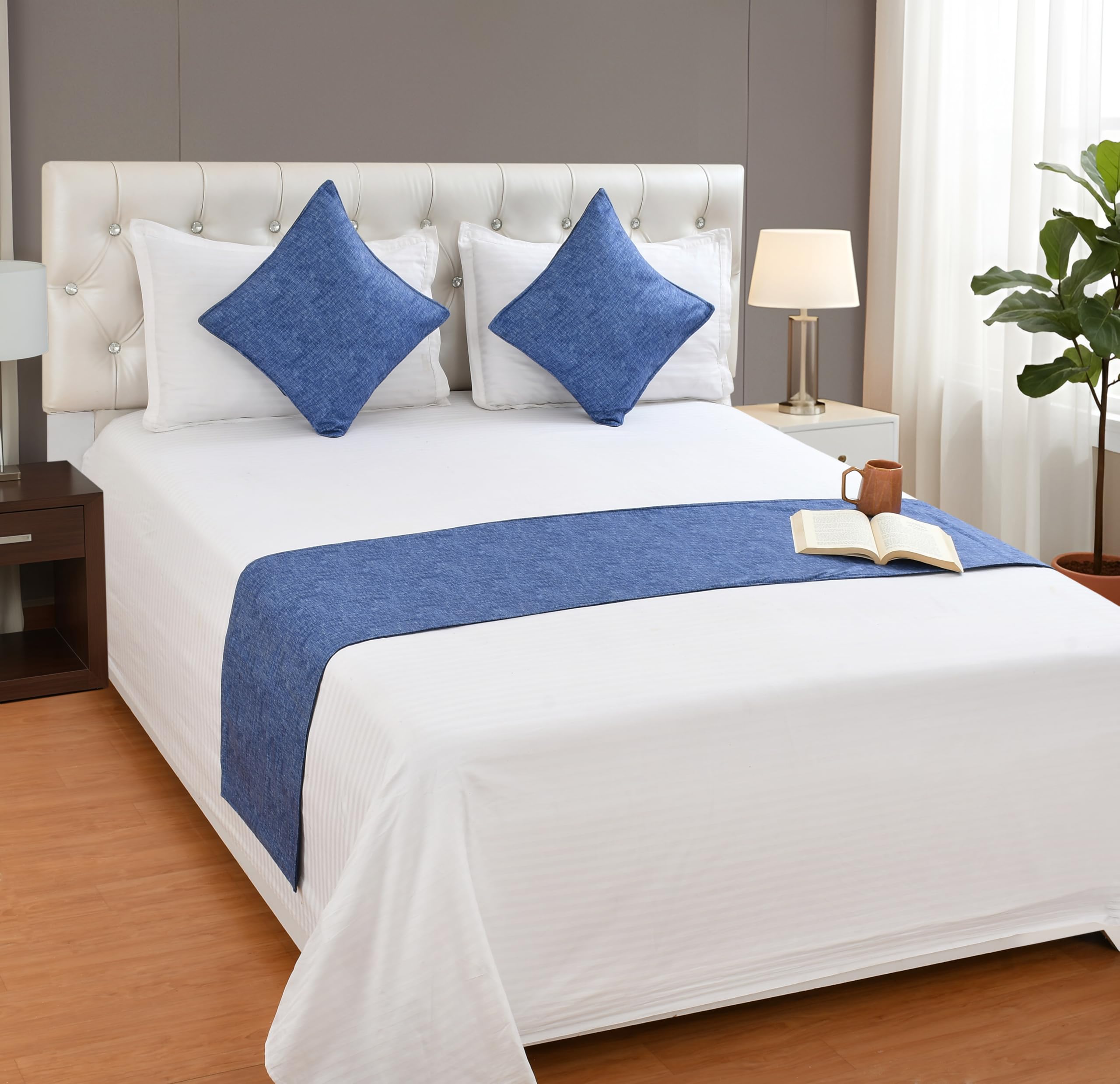 Shri Anand Creations 300TC Jacquard Fabric Bed Runner with Matching Cushion Covers Set for Hotel, Guest House, Resort and AirBNB Use. King Size 18x100 inches Covers 16x16 inches (Egyptian Blue)-image-9