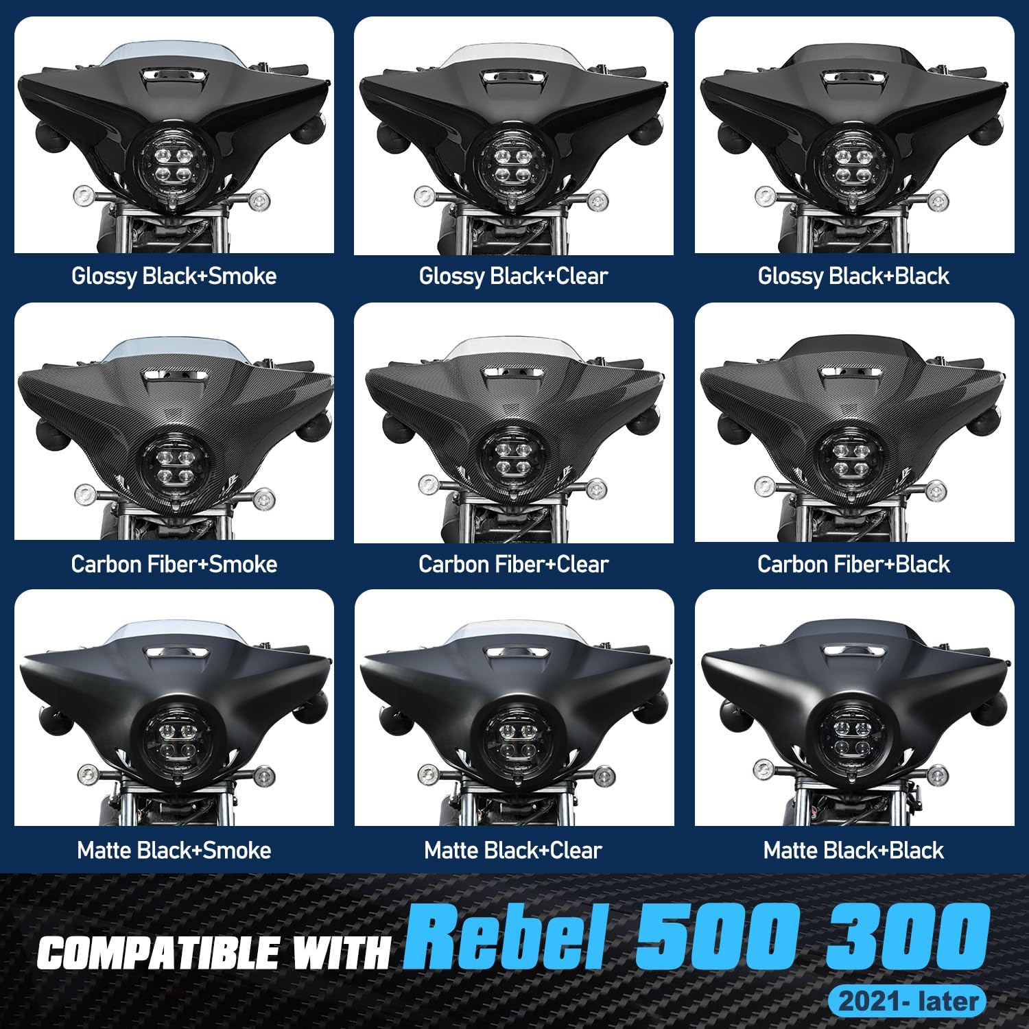 Motorcycle Headlight Fairing Cowl with Clear Windshield Compatible with Rebel 500 CMX Rebel 300 2021-2026 Windscreen Deflector Visor Matte Black