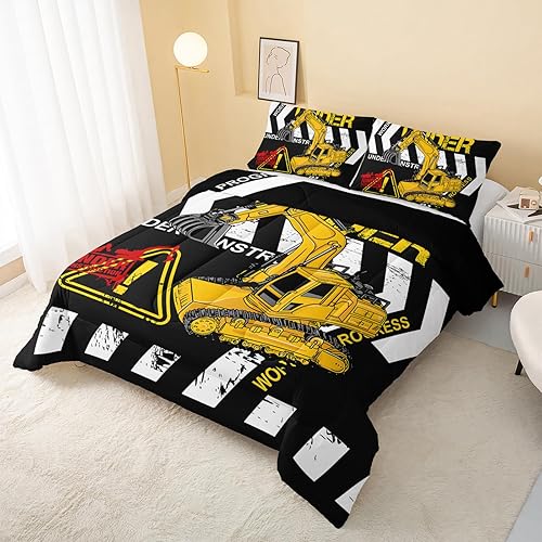 Miniatura 3 de QOOMO Edredón de excavadora tamaño King, juego de edredón de camión de construcción para niños, adolescentes, niños y niñas, juego de ropa de cama