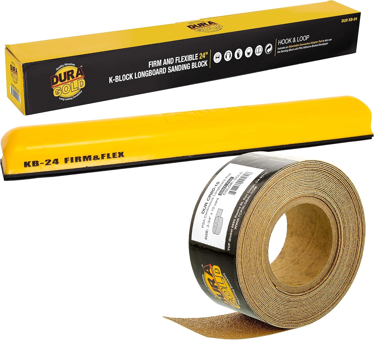 Dura-Gold Pro Series 24" K-Block Sander Firm & Flex XL Longboard Hand Sanding Block Pad with Hook & Loop Backing and PSA Adapter Pad & 60 Grit Sandpaper Roll