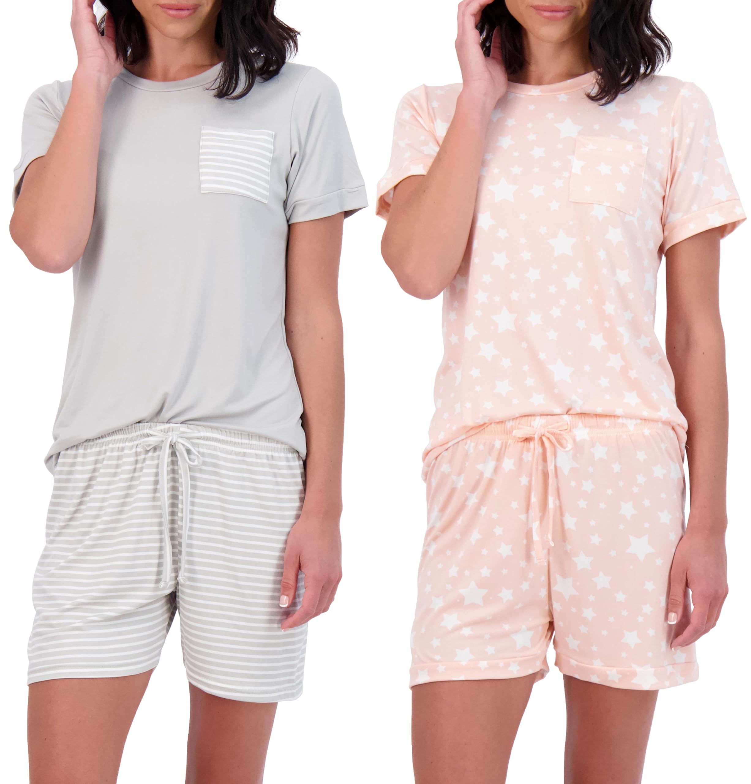 Real Essentials4 Piece: Women’s Short Sleeve Top with Shorts Pajama Set – Ultra-Soft Lounge & Sleepwear (Available In Plus)