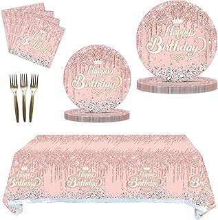 Somix Birthday Party Supplies,81 Pcs Pink Party Decorations,Including Paper Plates,Napkins,Forks and Tablecloth,Dessert Plates Disposable,for Birthday Party(Serves 20)