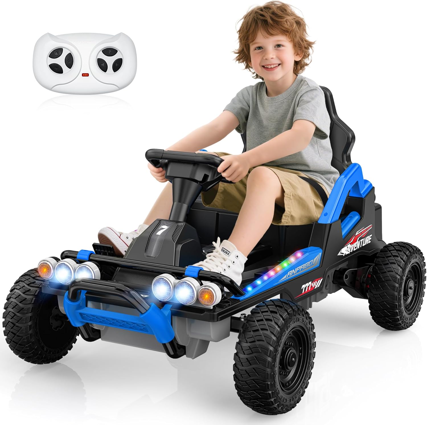 ANPABO 24V Ride On Toys for Big Kids, EVA Tires, Metal Frame, Max 5Mph, Stepless Throttle, Clutch Pedal, Rainbow Lights, Remote Control, Bluetooth, Electric Car for Kids Ages 3-8, Blue