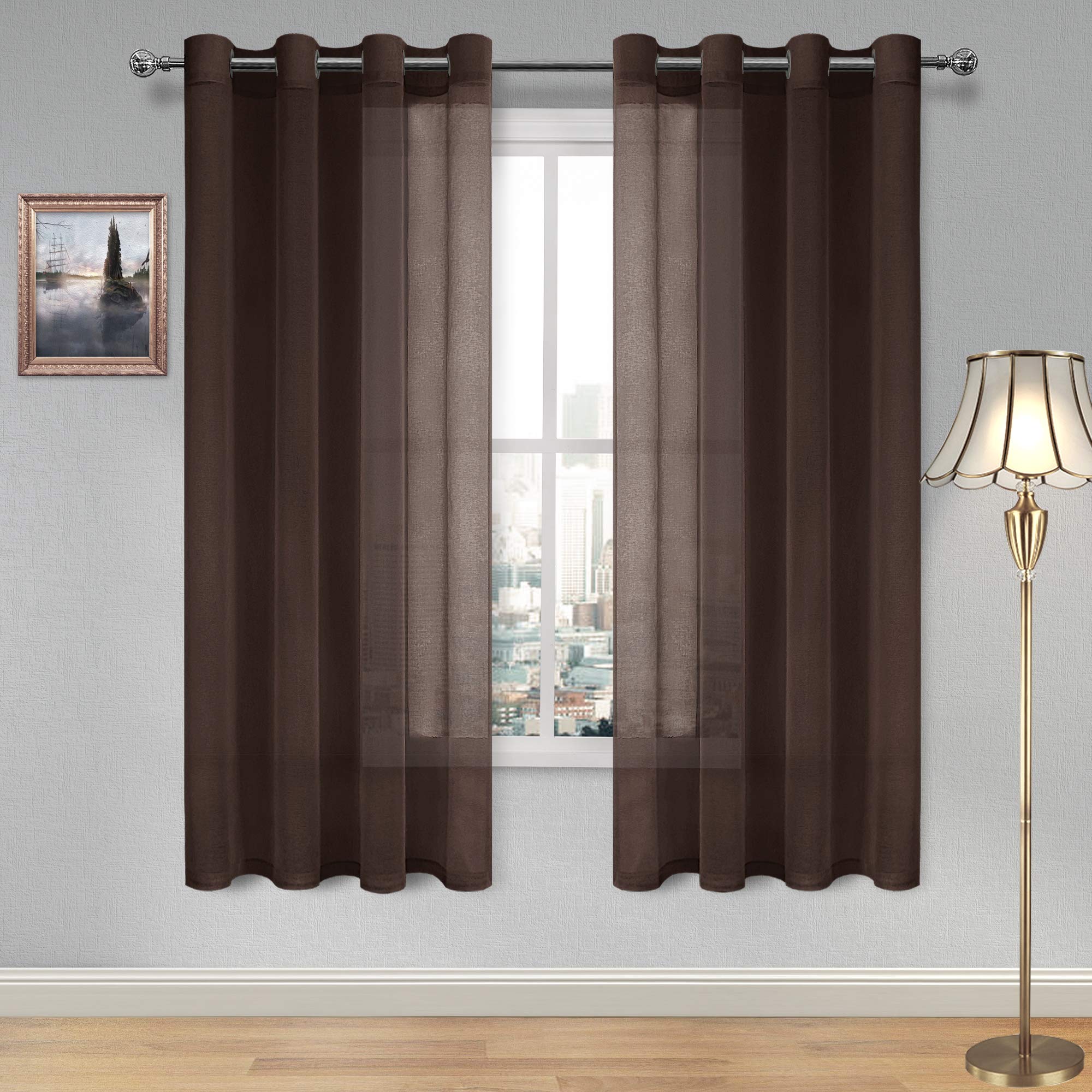 DWCN Brown Sheer Curtains Linen Look Semi Transparent Voile Grommet Curtains for Living Room Bedroom Drapes 52 x 72 inches Long, Set of 2 Panels