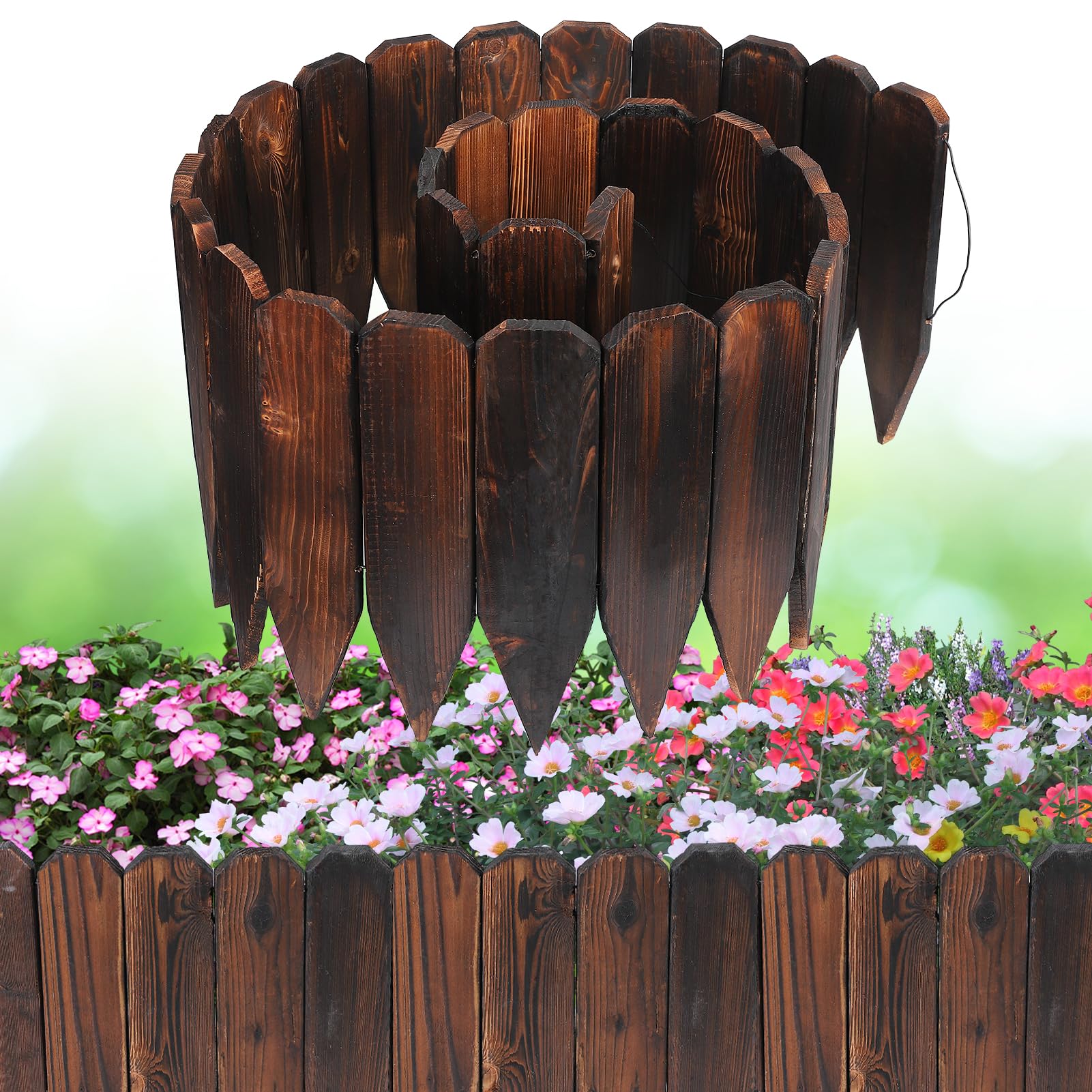 Wood Garden Fence - 6.6ft (L) x 11.8in (H) Pine Landscape Border Edging, Flexible Weather-Resistant Fences for Decorate Spring Outdoor Patio Yard Lawn Flower Beds