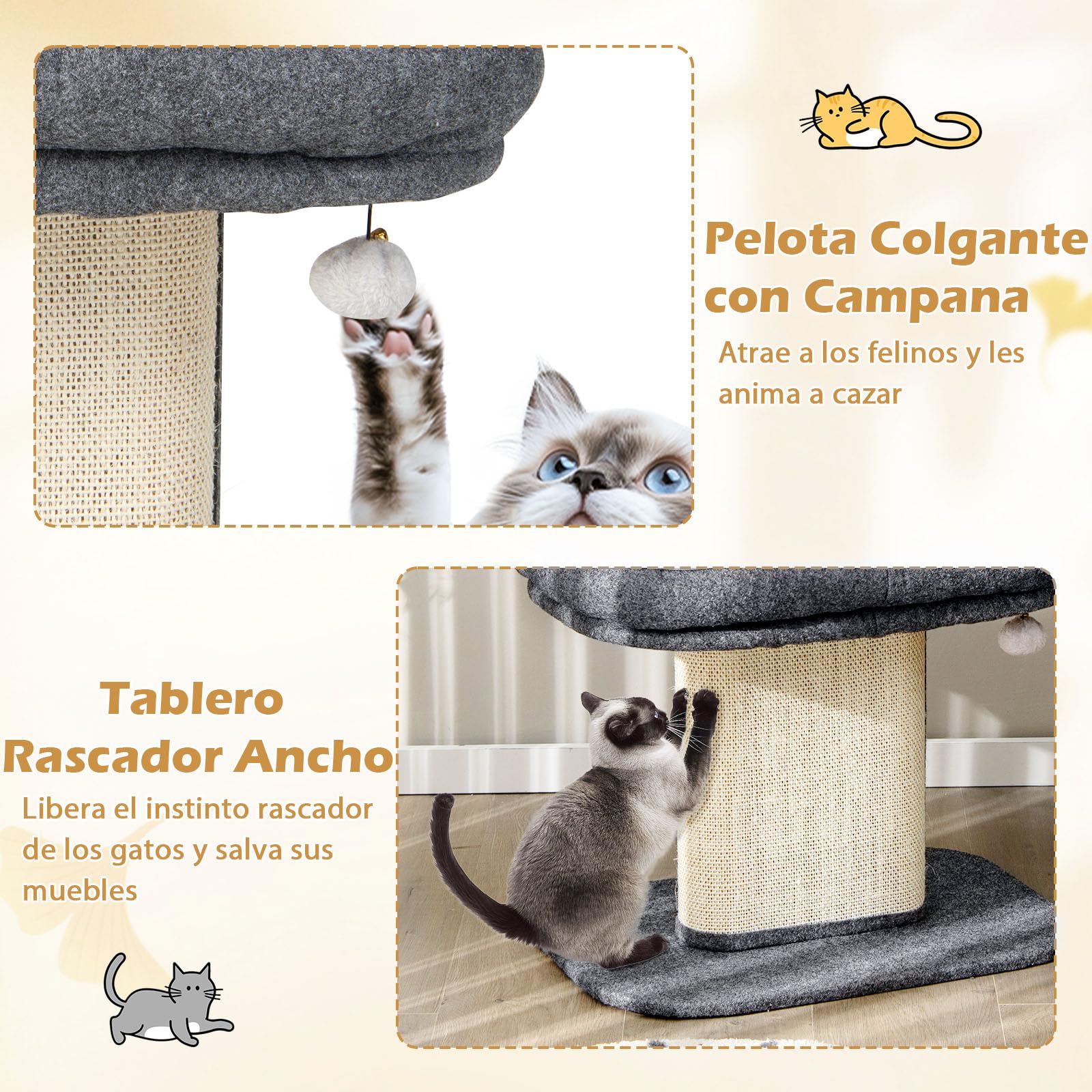 GYMAX Árbol Rascador de 50 cm de Alto para Gatos, Árbol de Escalada con Asiento de Felpa Suave, con Columna de Sisal y Pelota, Árbol de Actividad y Árbol de Juegos, para Pequeño Gato, Gris