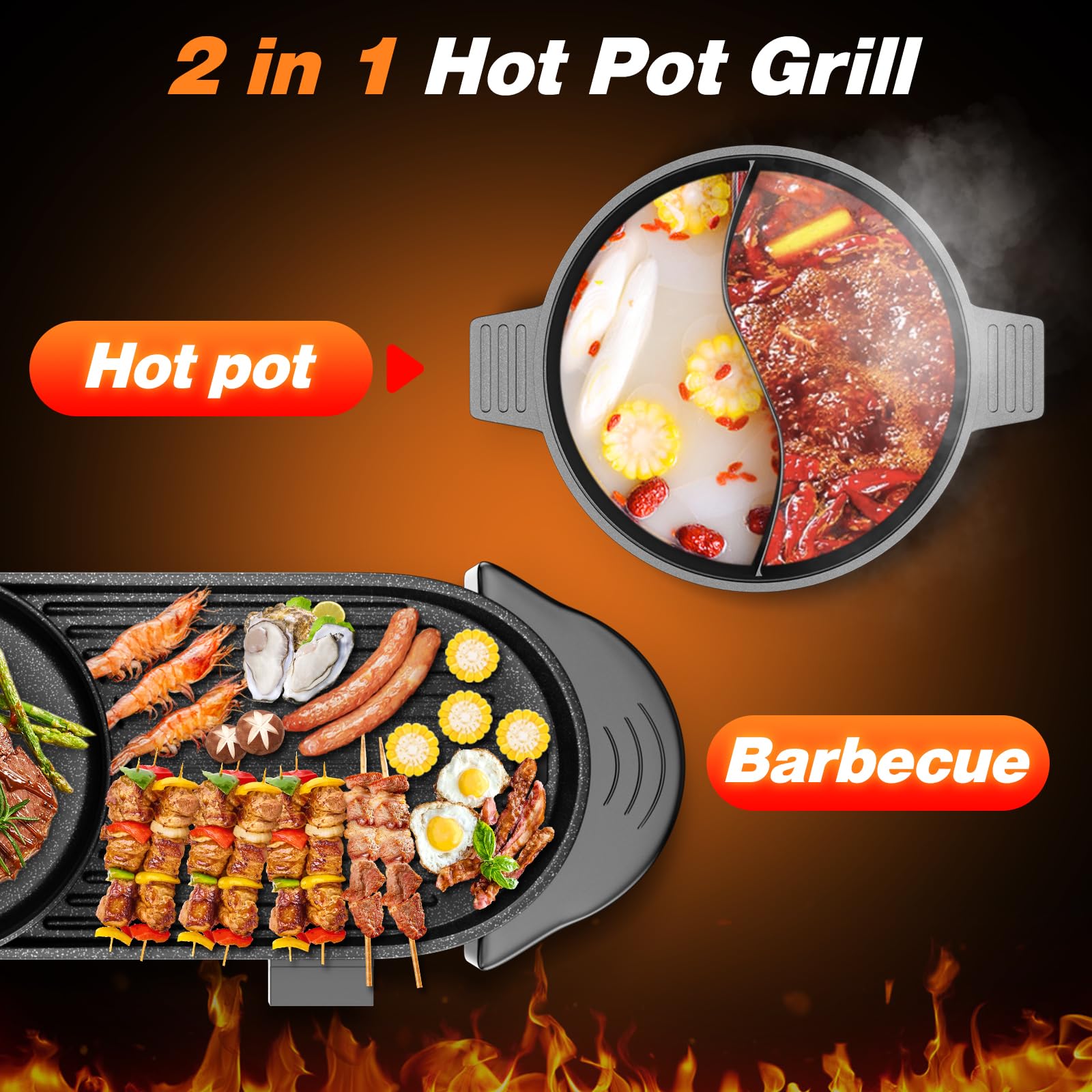 Electric Grill With Hot Pot,Multifunctional Indoor Teppanyaki Grill/Korean BBQ/Shabu Shabu Hot Pot,Separate Temperature Control,3.6L Capacity for 2-10 People: Small Kitchen Appliances
