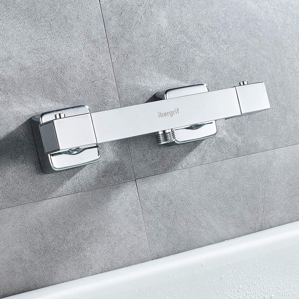 Ibergrif, M21807-1 Termostato Cuadrado, Grifo Termostático para Ducha, Plata