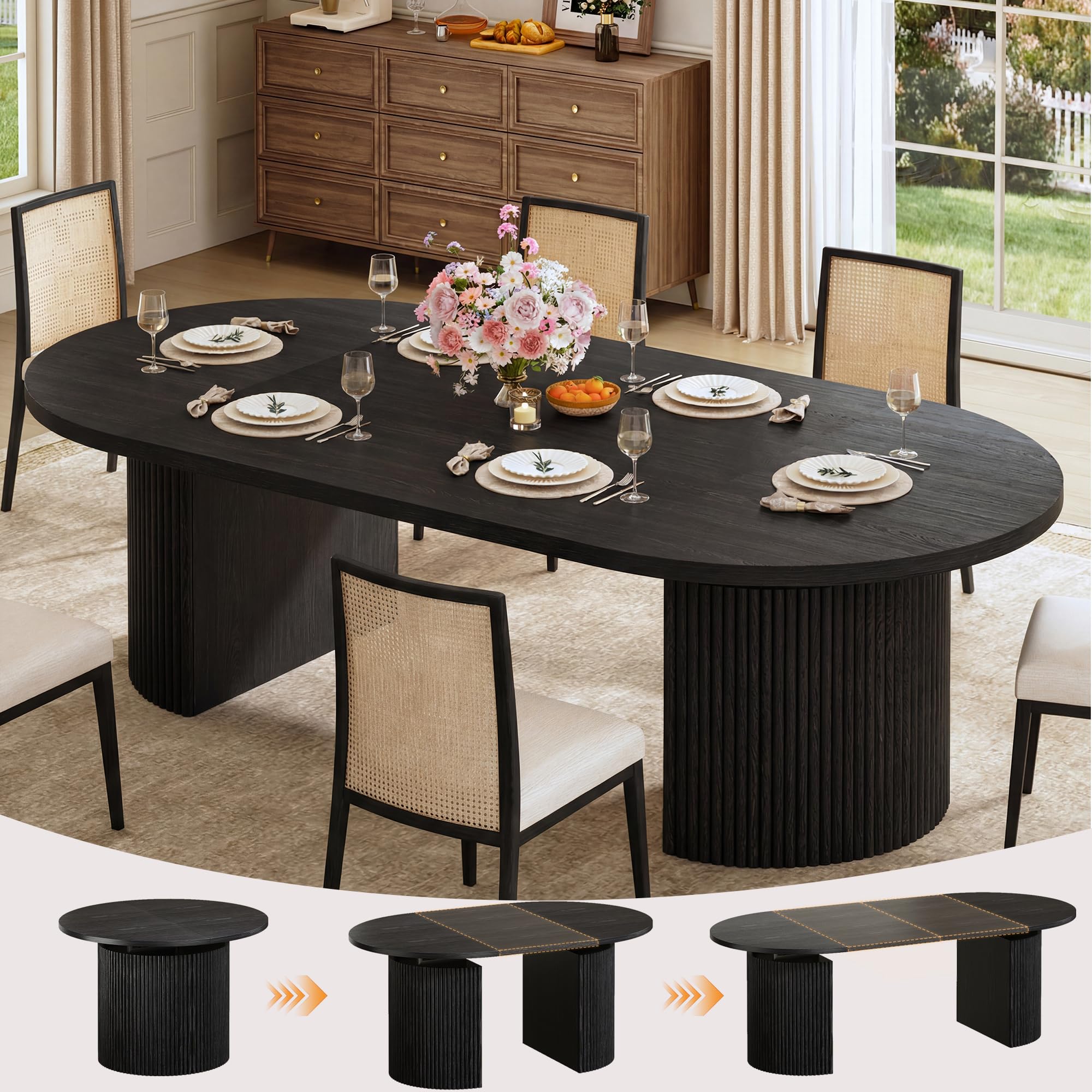 HUAHUU Extendable Round Dining Table for 4-8, 39in-77in Long Large Kitchen Table with Fluted Base, Space Saving Modern Farmhouse Oval Dinner Tables for Dining Room, Kitchen, Living Room, Natural (Table top only) 