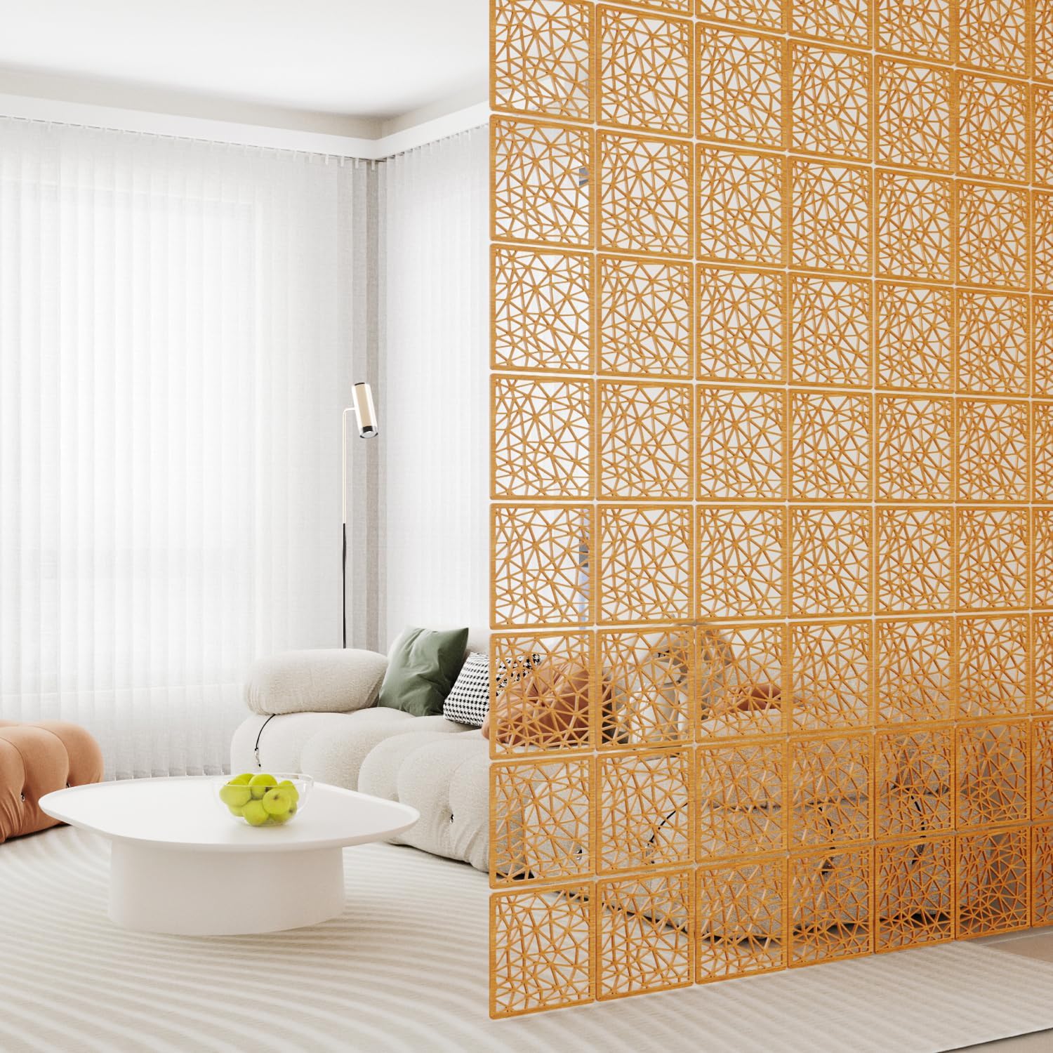 Modern Teak Wooden Hanging Room Divider Panels – CNC Cut Birch Plywood Privacy Screen, 12 Panel Decorative Hanging Partition with Premium Painted Finish for Home & Office