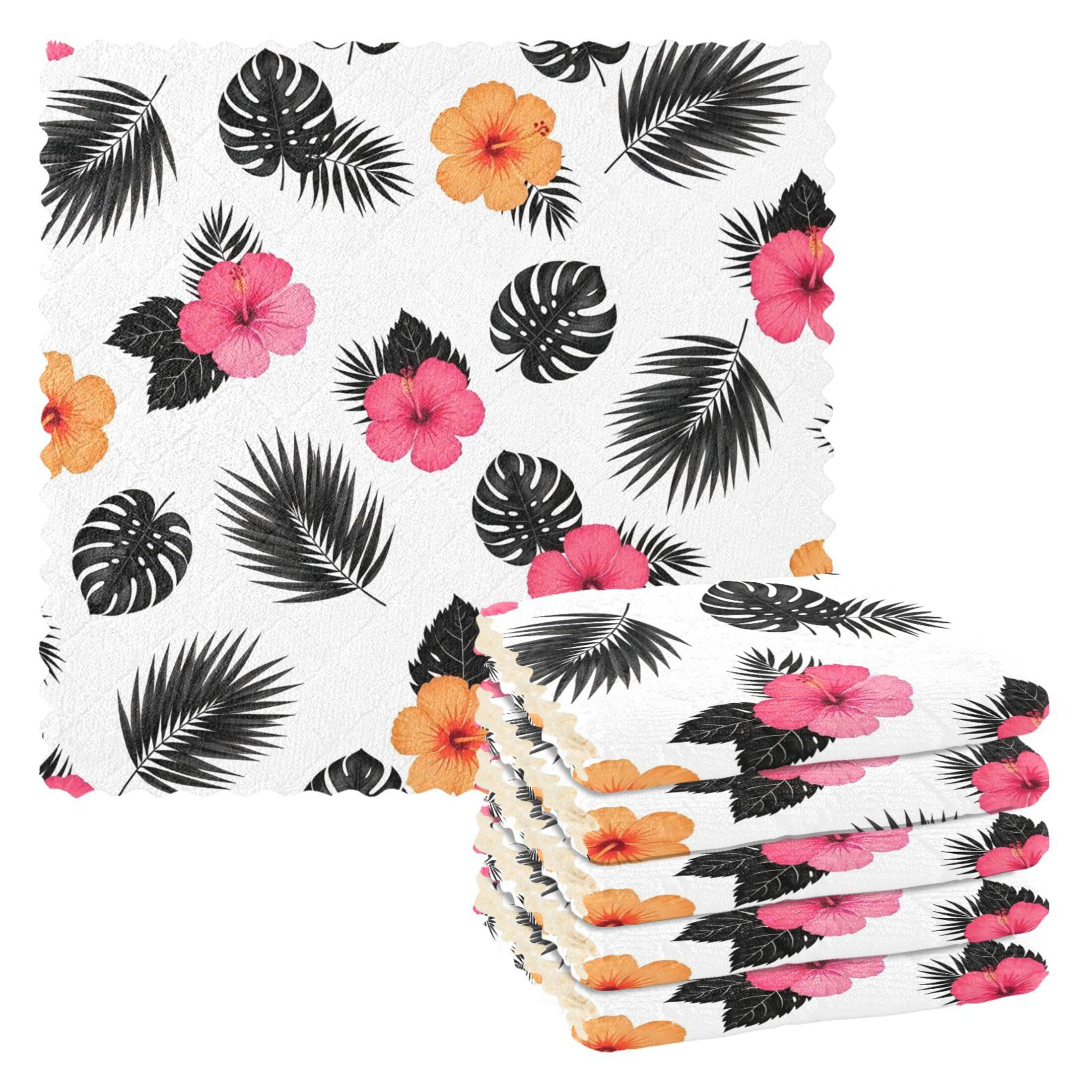 Fuauuyl Hibiscus Monstera Leaves Kitchen Dish Towel Set of 6, Soft Absorbent Washable Cleaning Cloths Dish Rags Tea Bar Drying Towels, 11x11 In
