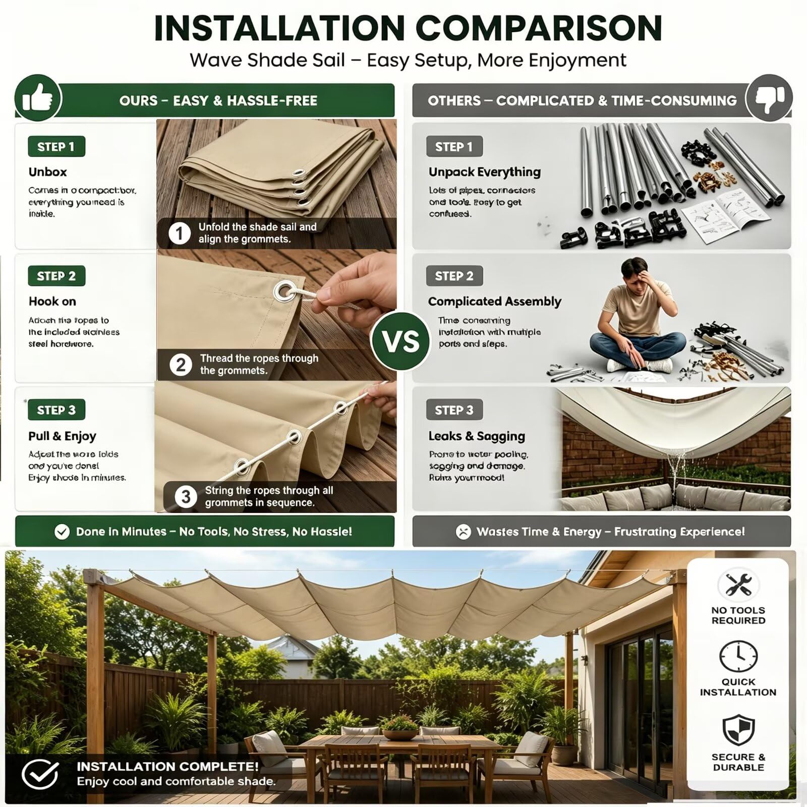 Parasol de Olas Corredizo 400x700cm, Techo Solar de Piscina Caqui | Material 230g/m² grueso: impermeable, anti-UV, escudo térmico. Cuerda de nylon flexible para un cierre suave y fácil