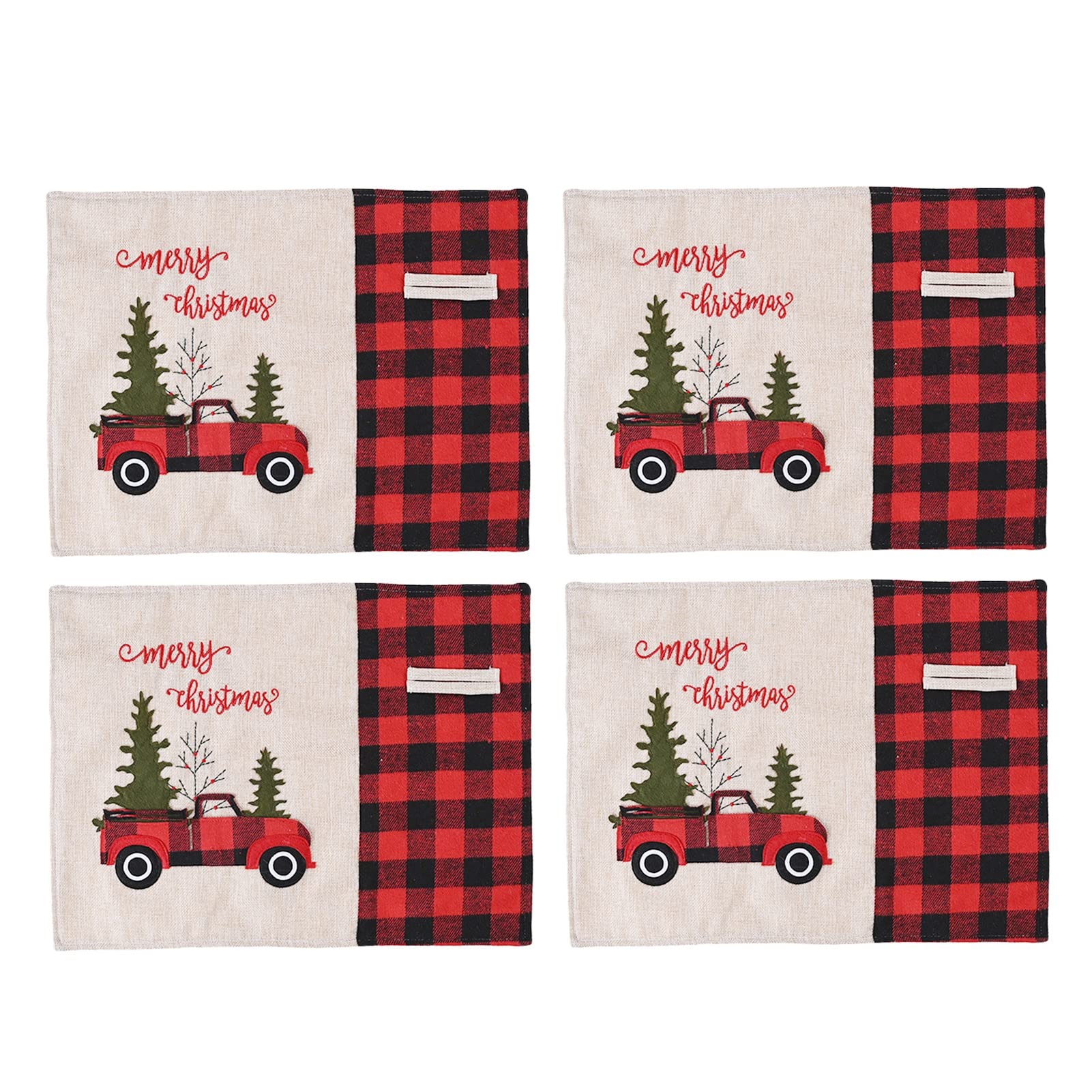 RENRUIRUI- Set De Table De Noël Set De 4 Tapis De Table Camion Rouge Ferme, Sets De Table À Carreaux De Buffle Rouge Et Noir Pour Table À Manger Décor De Noël