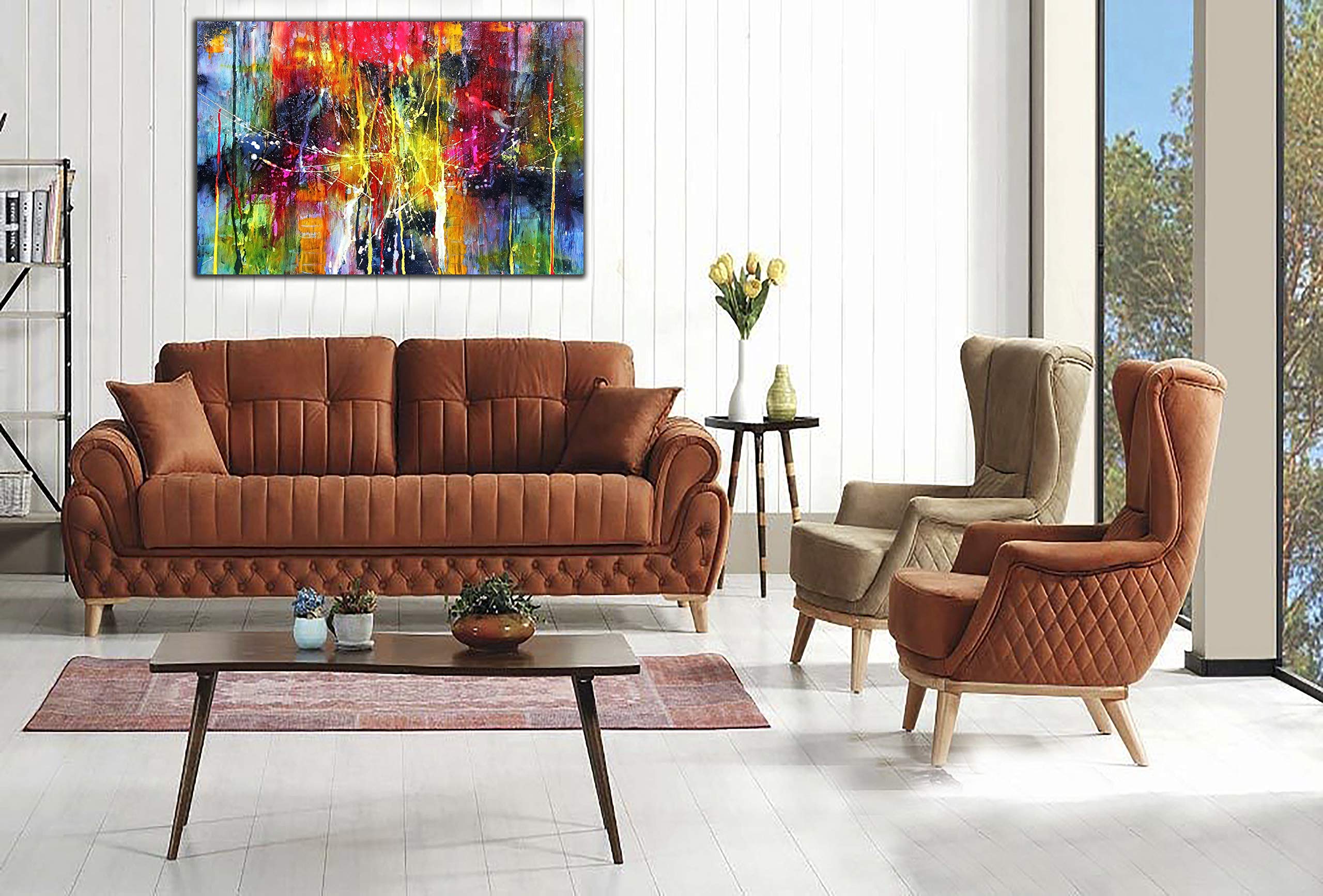 YourHomeArt Ölgemälde im Jackson Pollock-Stil, bunt, abstrakt, Bild, Reproduktion, Druck auf gerahmter Leinwand, Wandkunst, Heimdekoration, 102 x 76 cm, 18 mm Tiefe